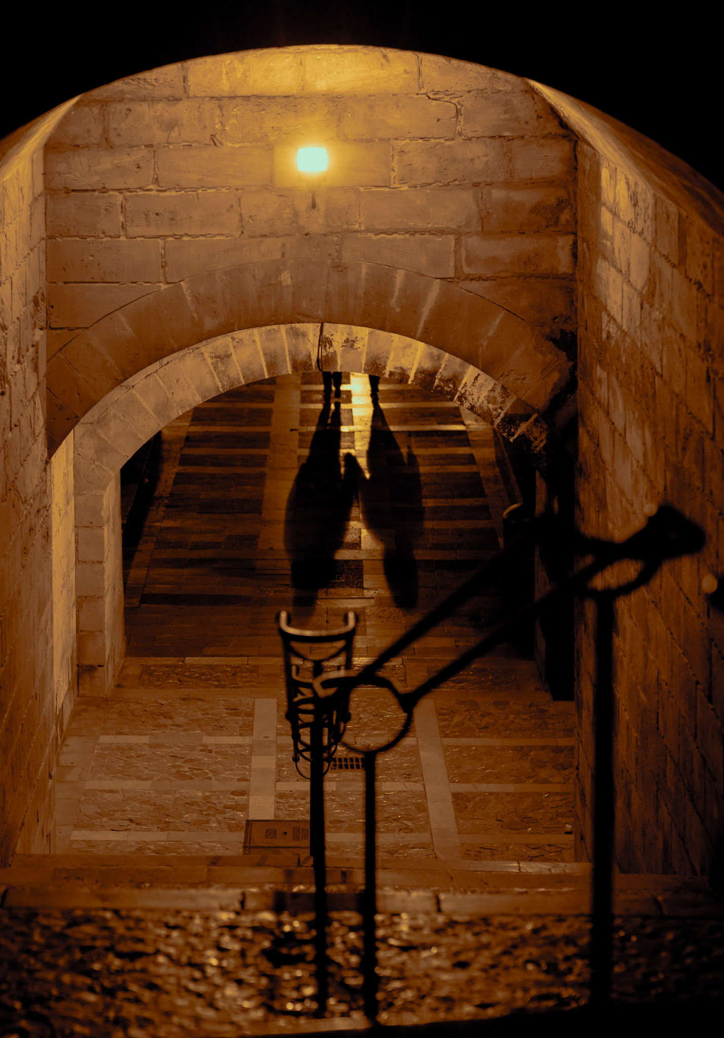 in the twilight between paseo borne and the cathedral la seu, a couple's silhouette merges with the ancient stones. their clasped hands form a silent promise, echoing the city's whispers. as the solitary lamplight guards the ascent, their shared shadow dances lightly up the steps, crafting a fleeting narrative in palma's storied alcoves.