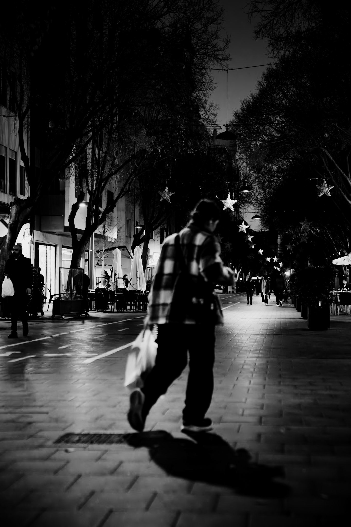 on a winter evening in palma de mallorca, the street becomes a stage for the interplay of light and shadow. a lone figure, illuminated briefly by the glow of nearby shops, carries the weight of the day in his stride. above, stars of urban light dangle whimsically from barren branches, a stark contrast to the dark silhouettes below. the chill in the air is almost tangible, wrapping the scene in a hushed expectancy, as if the night holds its breath, waiting for snowflakes that might dance in the spaces between these illuminated stars.