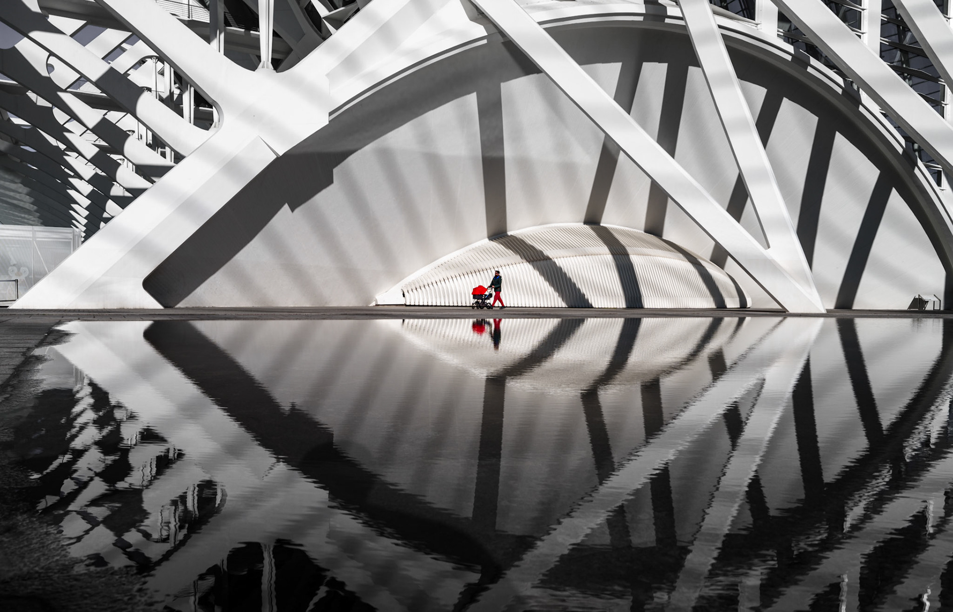 the city of arts and sciences, valencia. a place where architecture becomes art and light dances on water. amidst the bold geometry and mirrored surfaces, a mother walks with her child. her red stroller, a defiant splash of color, speaks of humanity in a world of lines and shadows.