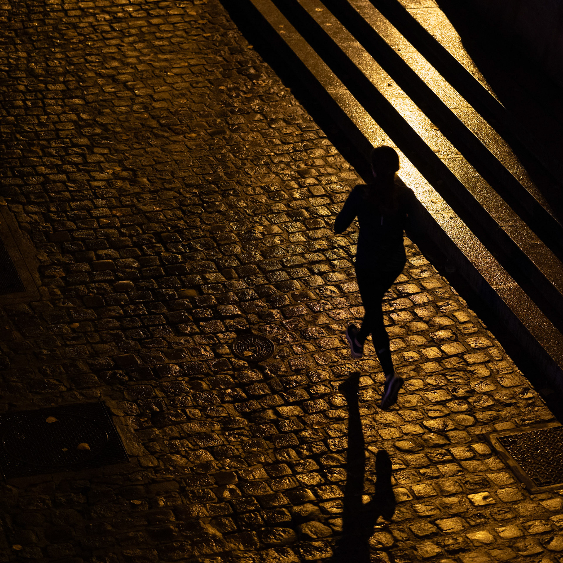 from the southern end of the pont des arts, looking down at the riverside, i caught this runner mid-stride. the golden light from the streetlamps reflected off the rain-soaked cobblestones, creating a dramatic contrast with the dark silhouette of the jogger. the rhythm of the city and the quiet energy of the night came together in this one fleeting moment."