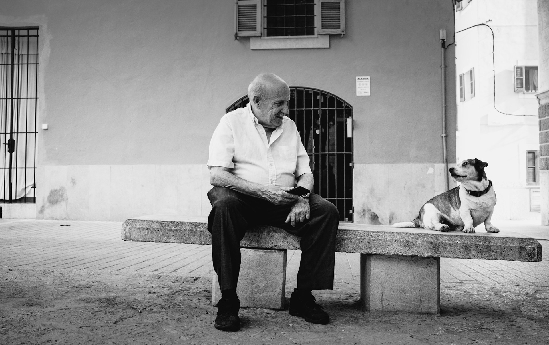 in the quiet nook of calatrava, an elderly man and his loyal dog share a serene moment on a weathered bench. their eyes meet in a silent conversation, each understanding the other's presence without words. the simplicity of the scene, captured in soft grayscale, speaks of enduring companionship and the unspoken bond between man and animal. the timeless architecture of palma de mallorca serves as a muted backdrop, enhancing the focus on this intimate exchange, an emblem of unwavering loyalty and shared solitude.
