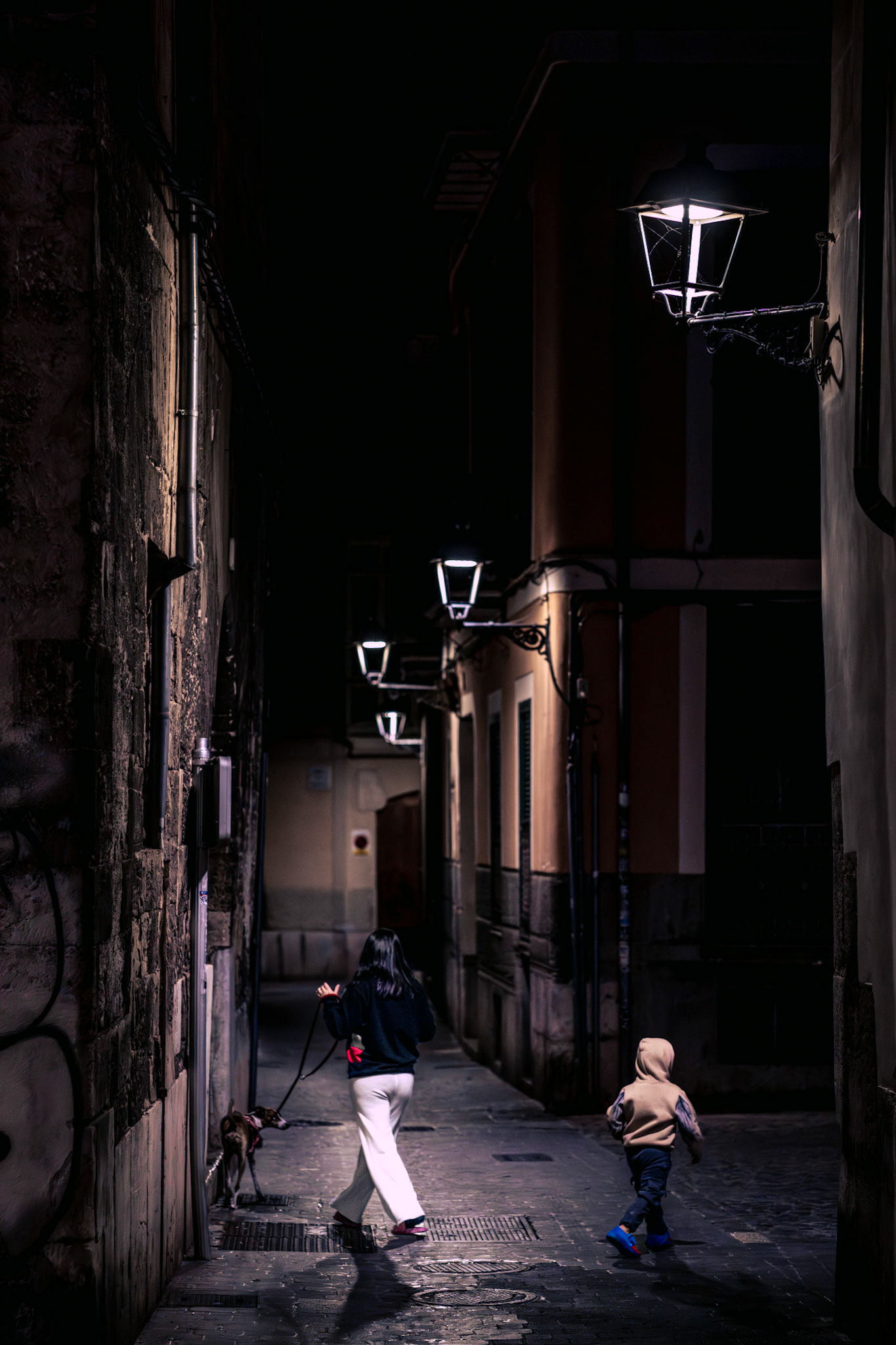 in the dim glow of palma’s old town, this fleeting moment tells a quiet story. a mother veers one way, her child darts the other, and their dog, blissfully unconcerned with either, pauses for its own business against the wall. three paths, three purposes, intersecting for just a moment under the warm glow of the street lanterns. this small, unscripted scene holds a gentle humor and subtle poetry, reminding us how even the mundane can be deeply human and full of charm.