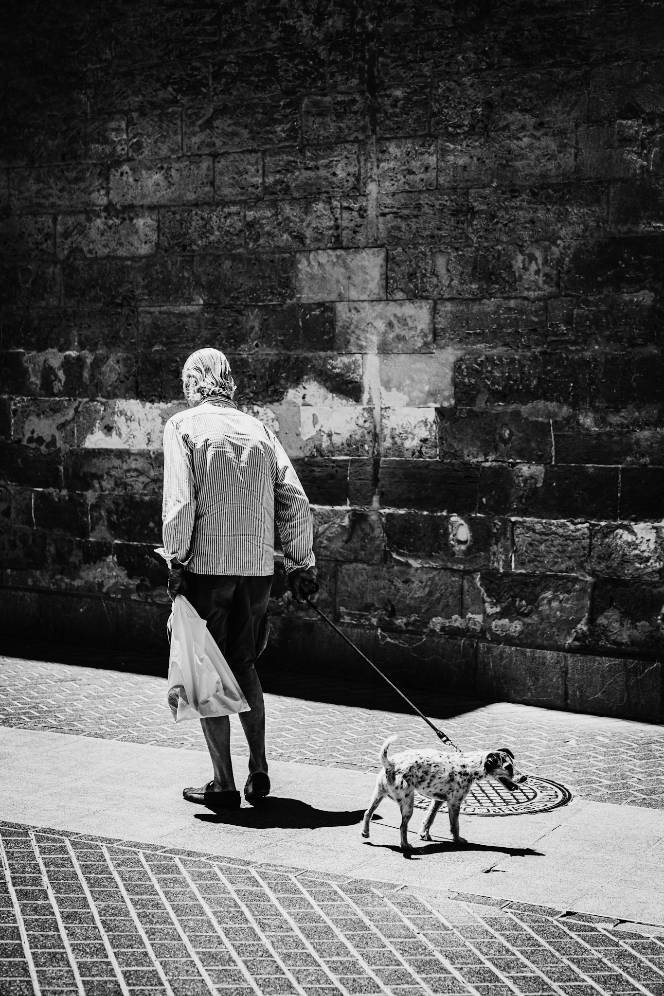 captured in the old town of palma de mallorca, this evocative black and white photograph shows an elderly man and his dog, each pulling in a different direction. the man's steady pace contrasts with the dog's curiosity, highlighting a moment of divergence in their shared journey. the textured stone wall and interplay of light and shadow add depth to the scene, emphasizing the push and pull between man and dog in this quiet urban setting.