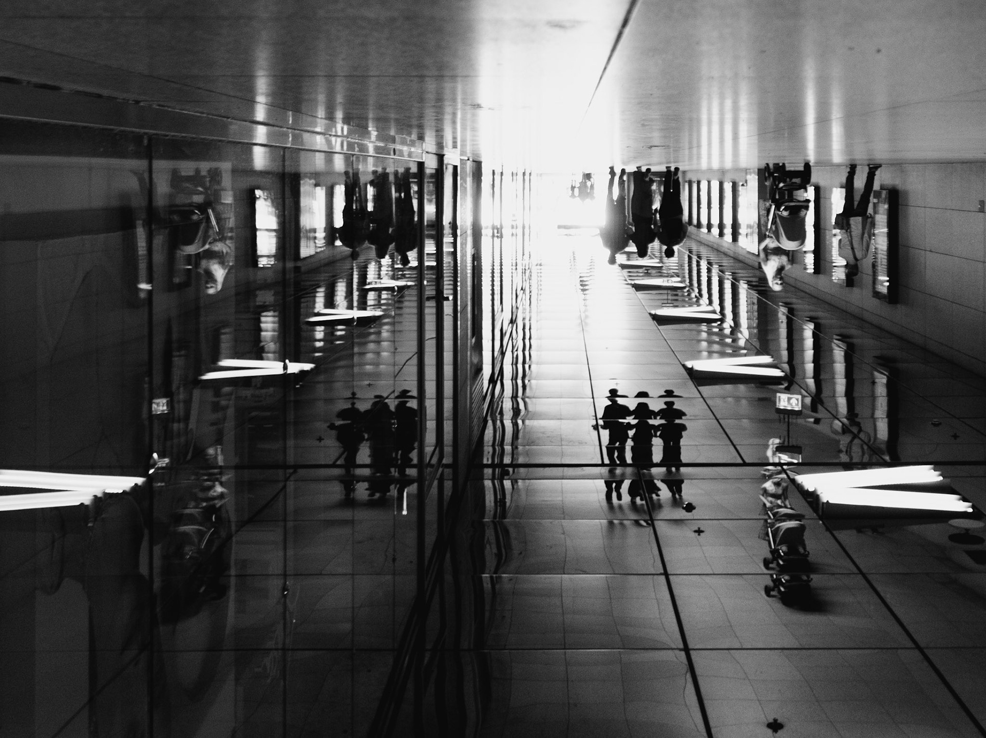 in münchen's münchner freiheit station, reality twists in a mesmerizing dance of reflections. the ceiling mirrors the floor; walls echo the scene, all turned upside down. this urban underpass becomes an artful illusion, people's shadows flit across the gleaming surfaces, a daily commute transformed into an unexpected spectacle of symmetry and light.