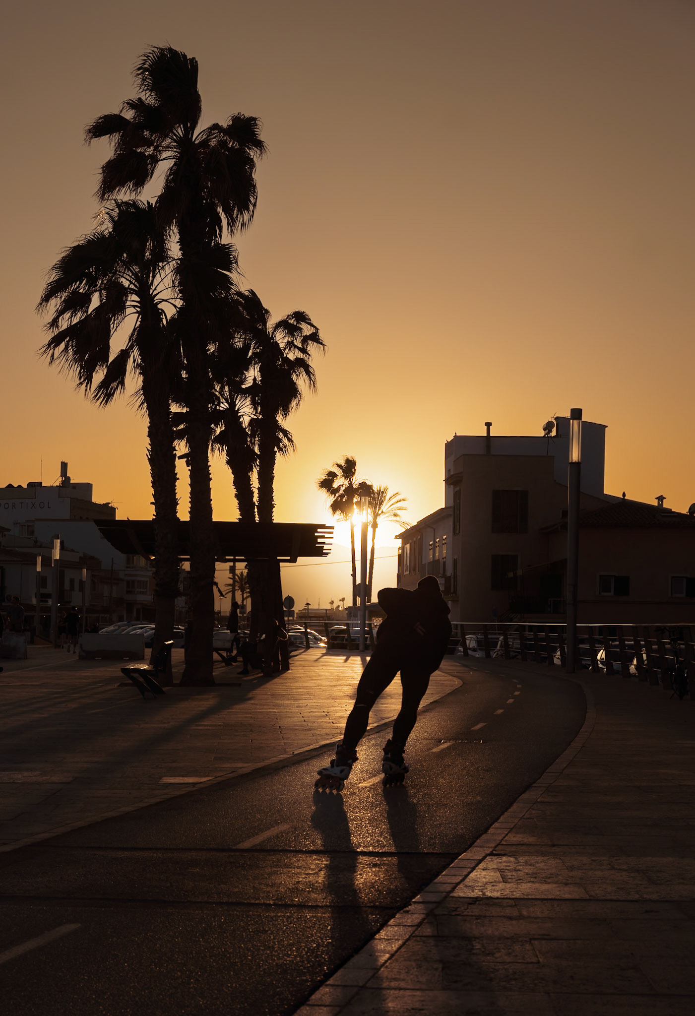 as the day bows out in portixol, the sky sets ablaze in a farewell performance, turning the world into hues of ember and gold. a skater carves a solitary path along the promenade, their silhouette a dark brush stroke against the fiery canvas. palm trees stand as motionless spectators, their fronds etching patterns into the warm air. the sun, a fiery orb, dips low, casting a glow that transforms the mundane into the magical. it's not just a journey on wheels; it's a ride through the fleeting moments of twilight, where every push is a chase after the day's last whispers.