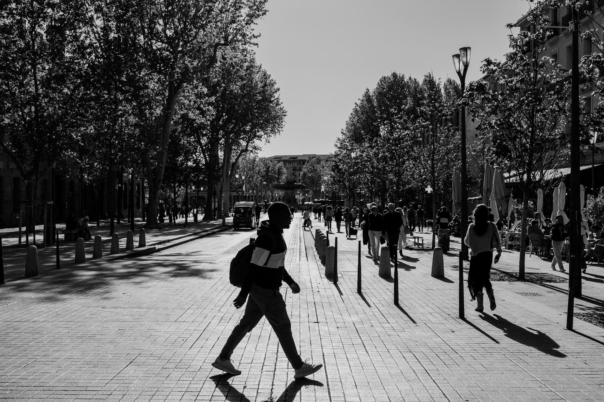 beneath the dappled shade of ancient trees, life flows rhythmically along the mirabeau. the crisp clatter of footsteps, a symphony of the everyday, carves through the calm air. shadows stretch and intertwine, creating a tapestry of light and dark that dances across the pavement. each passerby a story, fleeting yet intertwined in the city's ever-moving narrative. here, every shadow tells a tale, every beam of light sings of the old and new, crafting a scene where past meets present.