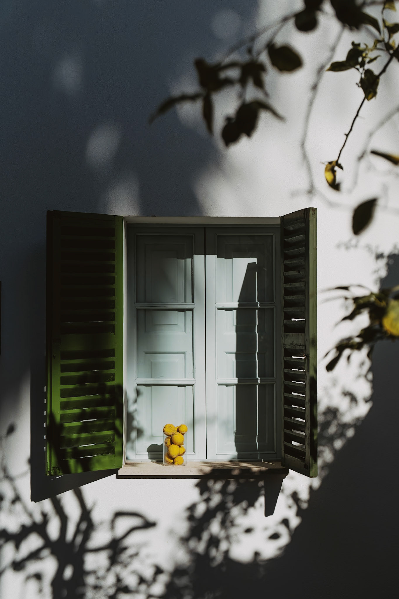 in our portixol office patio, this photo captures the quaint charm of a window with green shutters wide open, letting in the mediterranean sunshine. on the sill rests a bowl of fresh, vibrant lemons, the scene framed by the playful shadows of leaves, embodying the tranquil spirit of the locale. now in winter you have this stunning play of light without the "disturbance" by annyone being here. just me :)