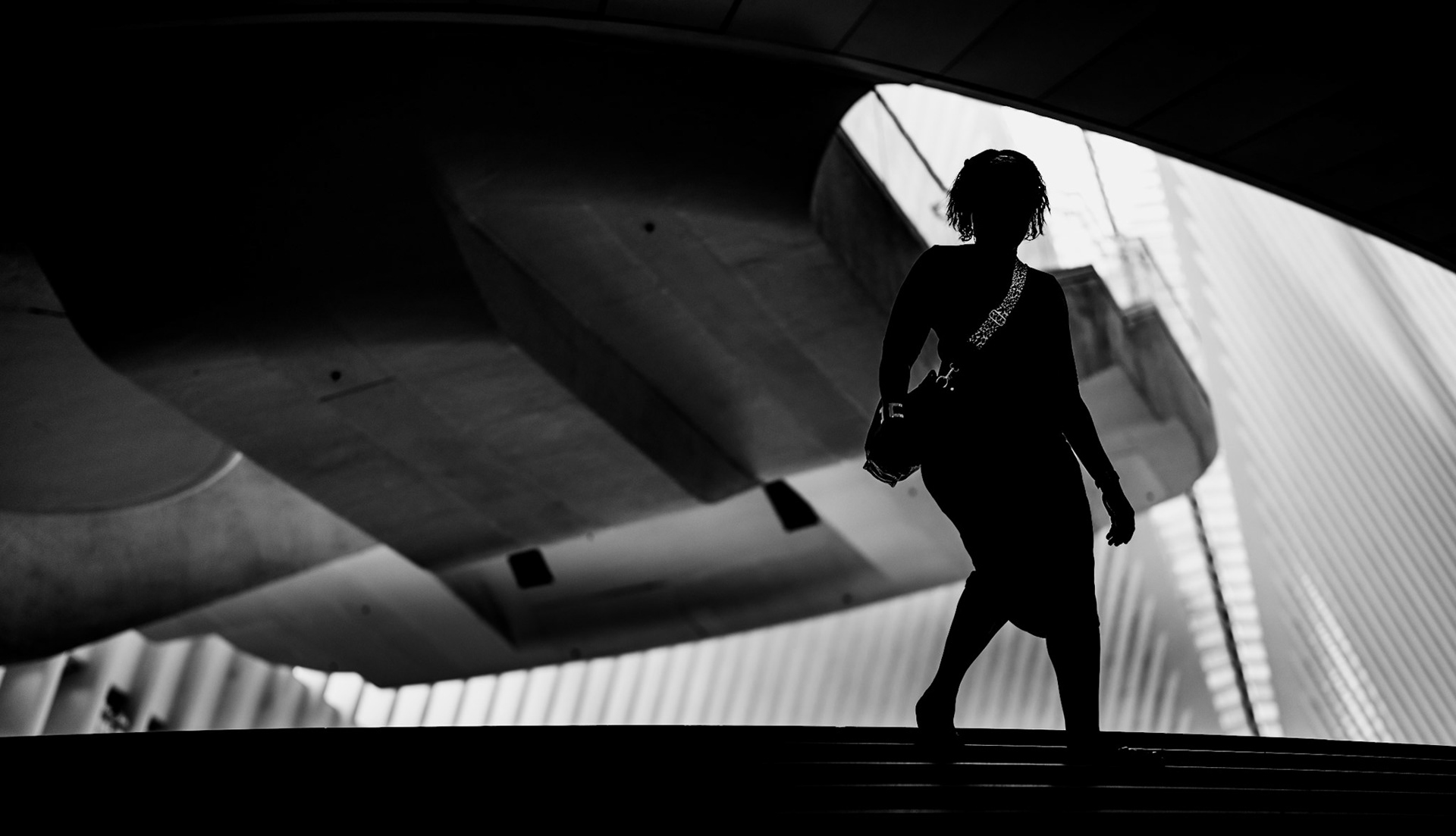captured within the architectural marvel of the oculus at the world trade center complex in new york city, this image portrays a solitary figure silhouetted against the dramatic backdrop of calatrava's iconic design. the soaring steel ribs, reaching skyward like the wings of a bird, frame the scene, creating a powerful contrast between light and shadow. the interplay of geometric forms and the human element reflects the harmony of movement and structure, embodying both the resilience and elegance of modern urban life.
