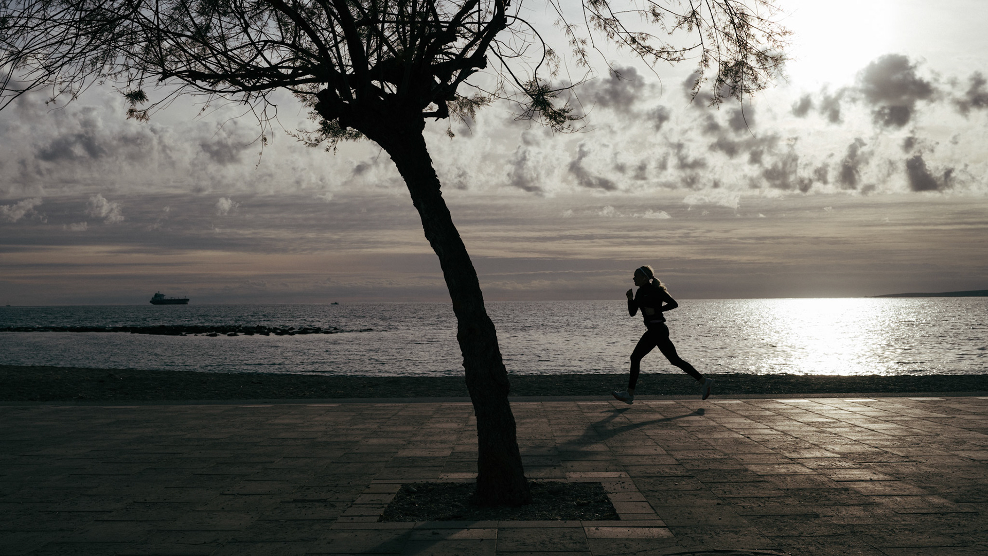 a solitary figure jogs along the sea promenade of portixol in palma de mallorca. the silhouette against the glimmering sea is framed by an overhanging tree and the vast, cloud-strewn sky. the tranquility of the scene is accentuated by the distant ship and the gentle caress of the evening light.