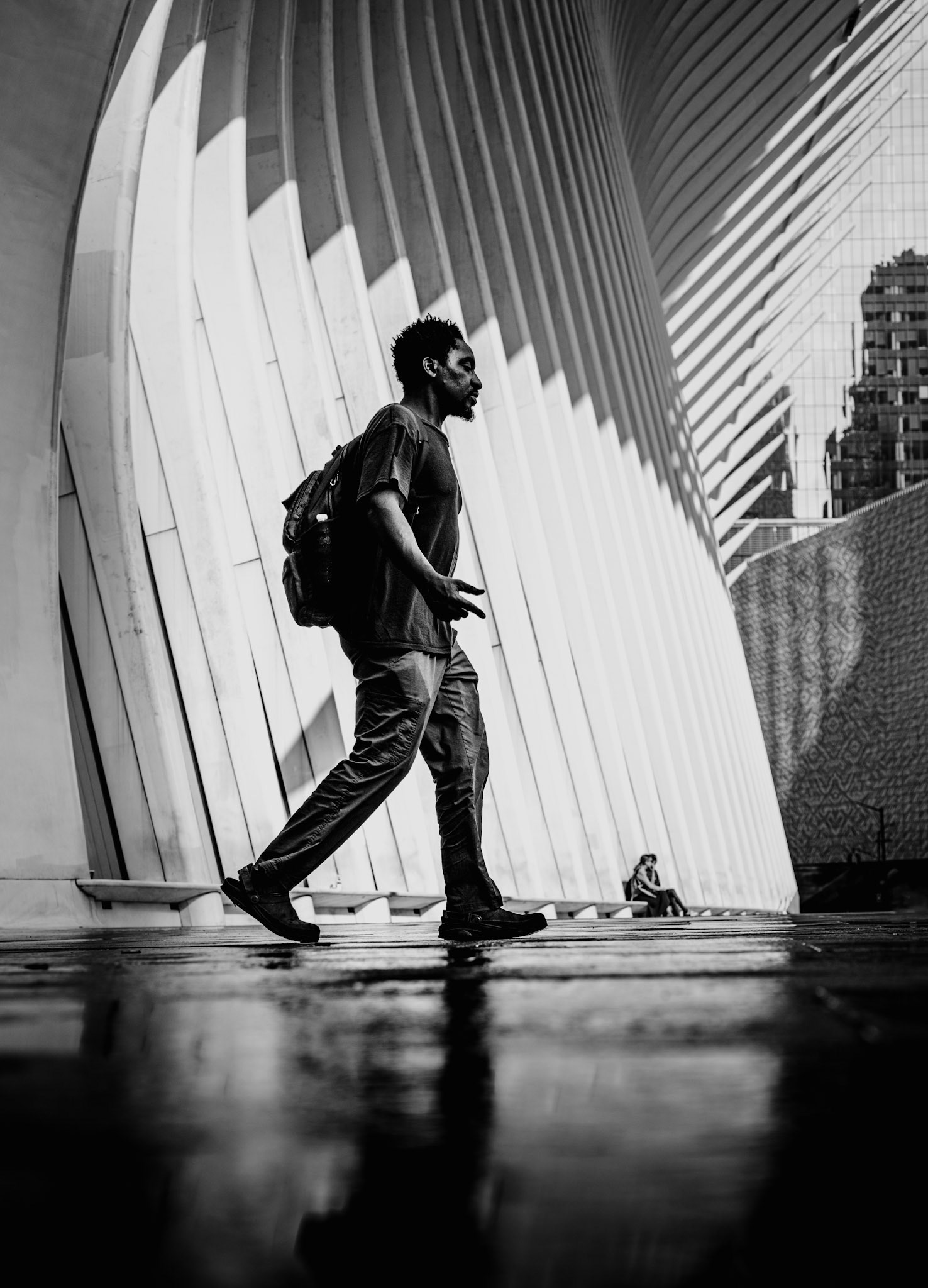 captured at the oculus in the world trade center complex, manhattan, this photograph plays with the dramatic interplay of shadows and light, emphasizing the architectural lines that frame the figure in mid-stride. the stark contrast between the figure's silhouette and the bright backdrop creates a powerful visual narrative of movement against the static, towering structure.