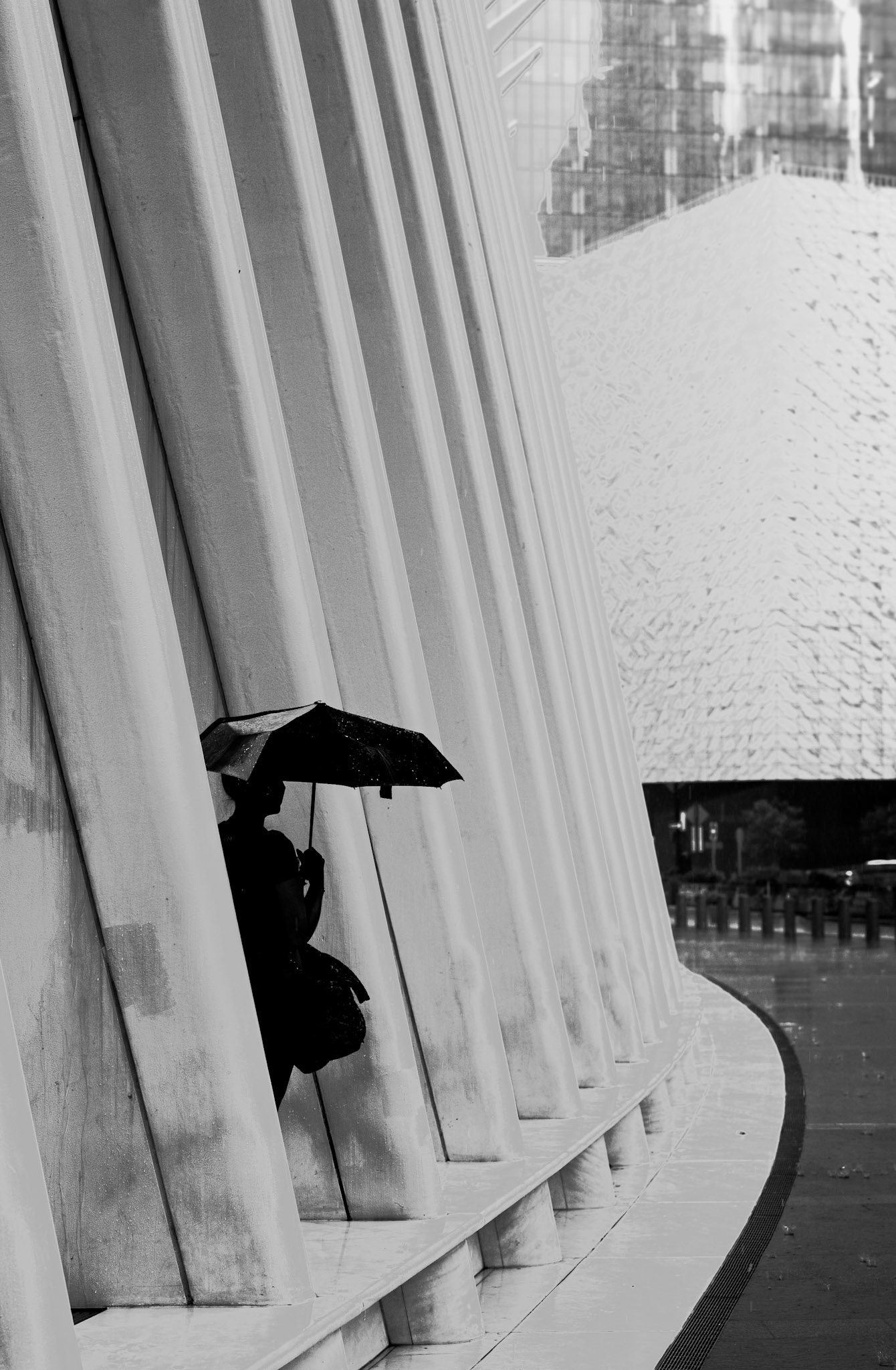 amidst the towering structures of the oculus in new york city, a lone figure stands under an umbrella, seeking refuge from the rain. the bold, diagonal lines of the architecture contrast sharply with the delicate silhouette, creating a visual dialogue between human vulnerability and the strength of steel and concrete. the wet surfaces glisten, reflecting the city's constant motion, while the dark shadows evoke a sense of mystery and solitude. it is a moment caught in the balance between exposure and shelter, a fleeting pause in the rush of urban life.