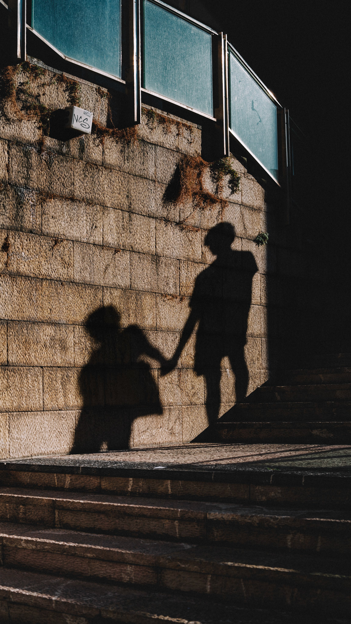 the light of the late afternoon stretches long across the stones, as two shadows meet and hold hands on the steps. the cool blue of the railing above contrasts with the warm browns of the aged stone wall below, creating a moment suspended between day and dusk, movement and stillness. the textures and colors tell a quiet story of connection in an urban landscape, where light finds a way to animate the simplest of moments.
