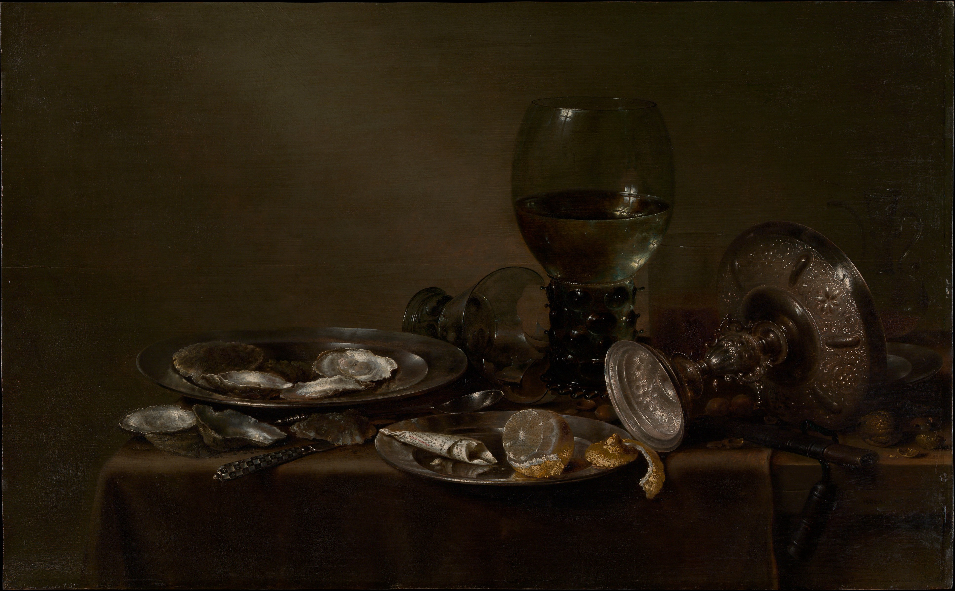 Naturaleza muerta con ostras, una tazza de plata y cristalería - Willem Claesz Heda