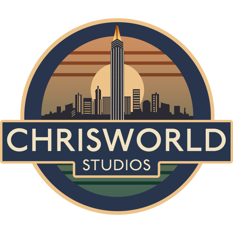 Chrisworld Studios logo with art-deco skyline and sunset design.