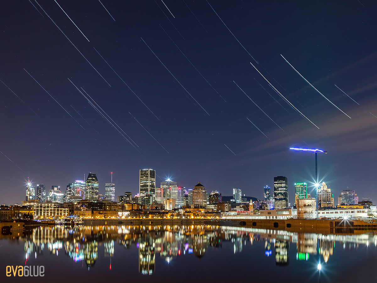 Star trails over the Montreal Skyline