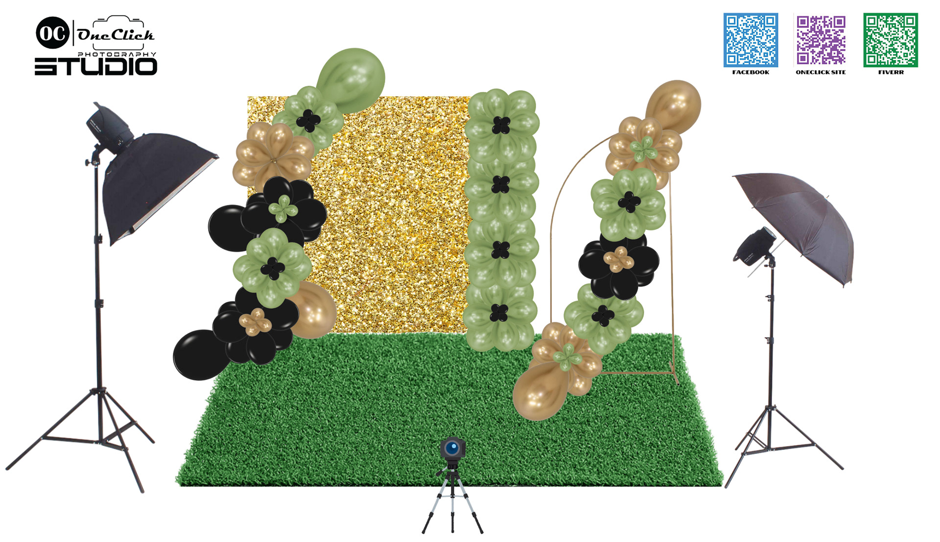 R3000 for this setup 48 pcs Shimmer Backdrop + Half Moon Gold Backdrop Stand (balloon color of your choice)