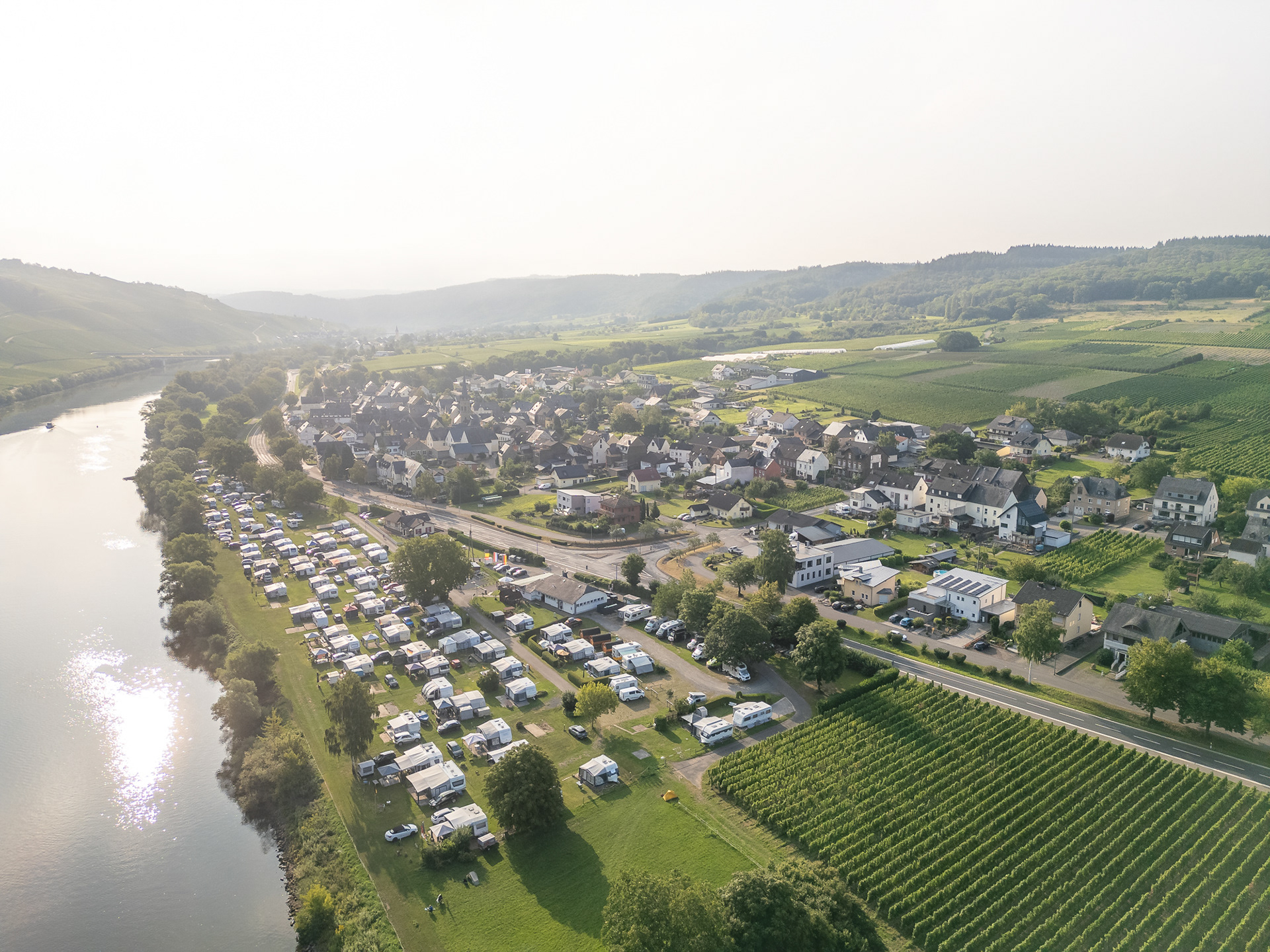Luftaufnahme von Erden mit Weinbergen im Hintergrund