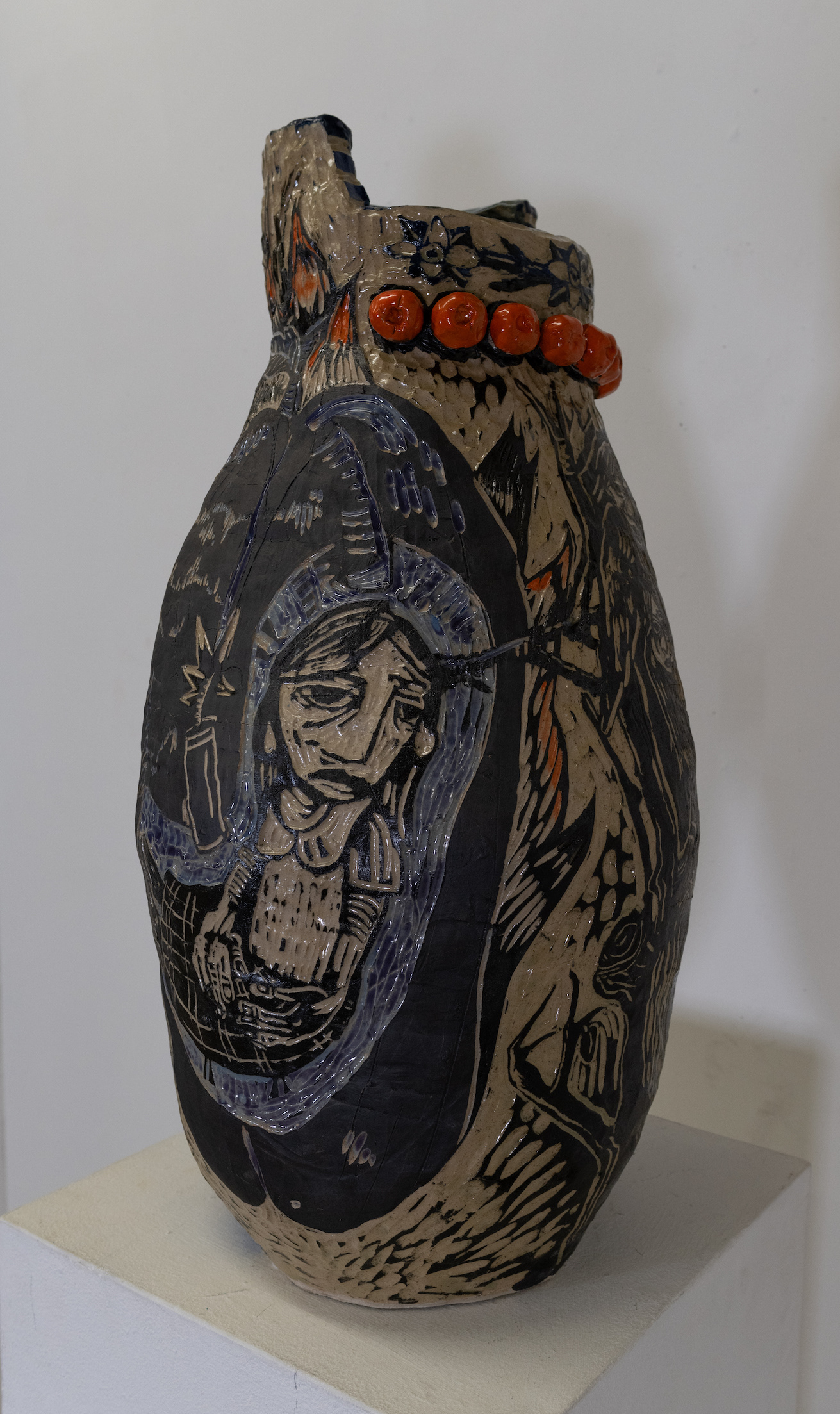 "Girls and Their Shaman Tanks", Printmaking Methods on High-Fire Clay Vase, 2022