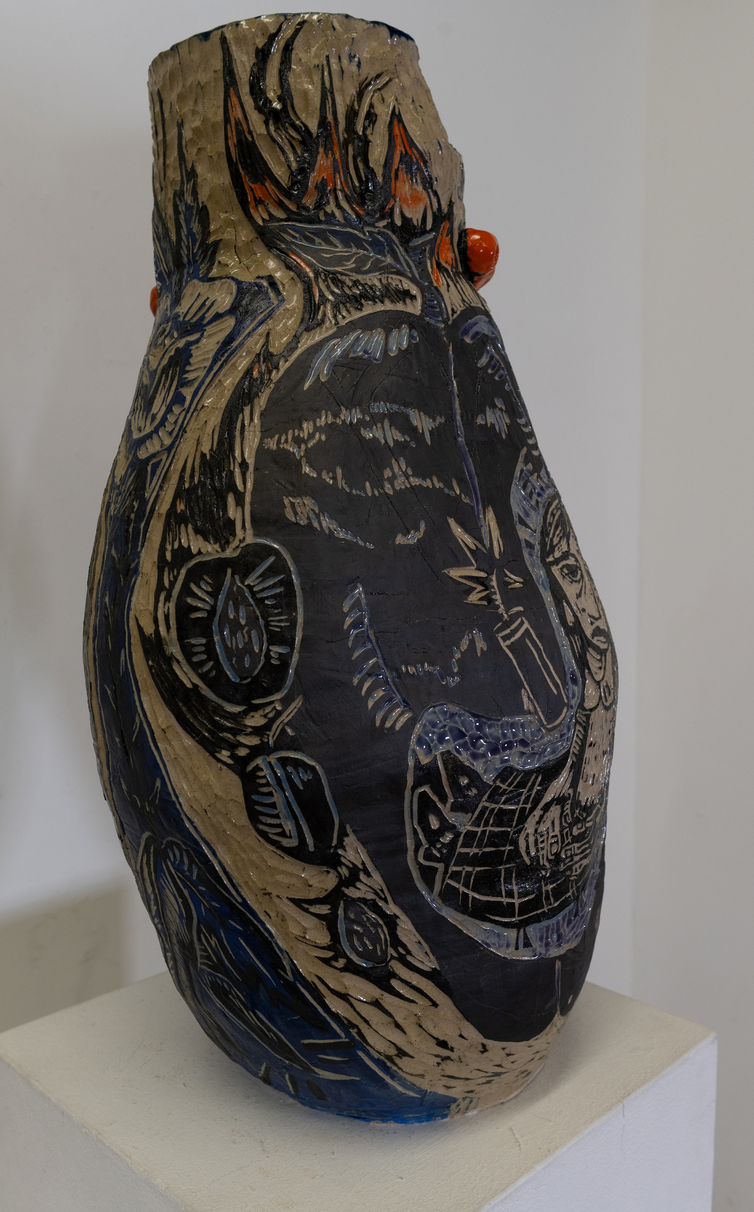 "Girls and Their Shaman Tanks", Printmaking Methods on High-Fire Clay Vase, 2022