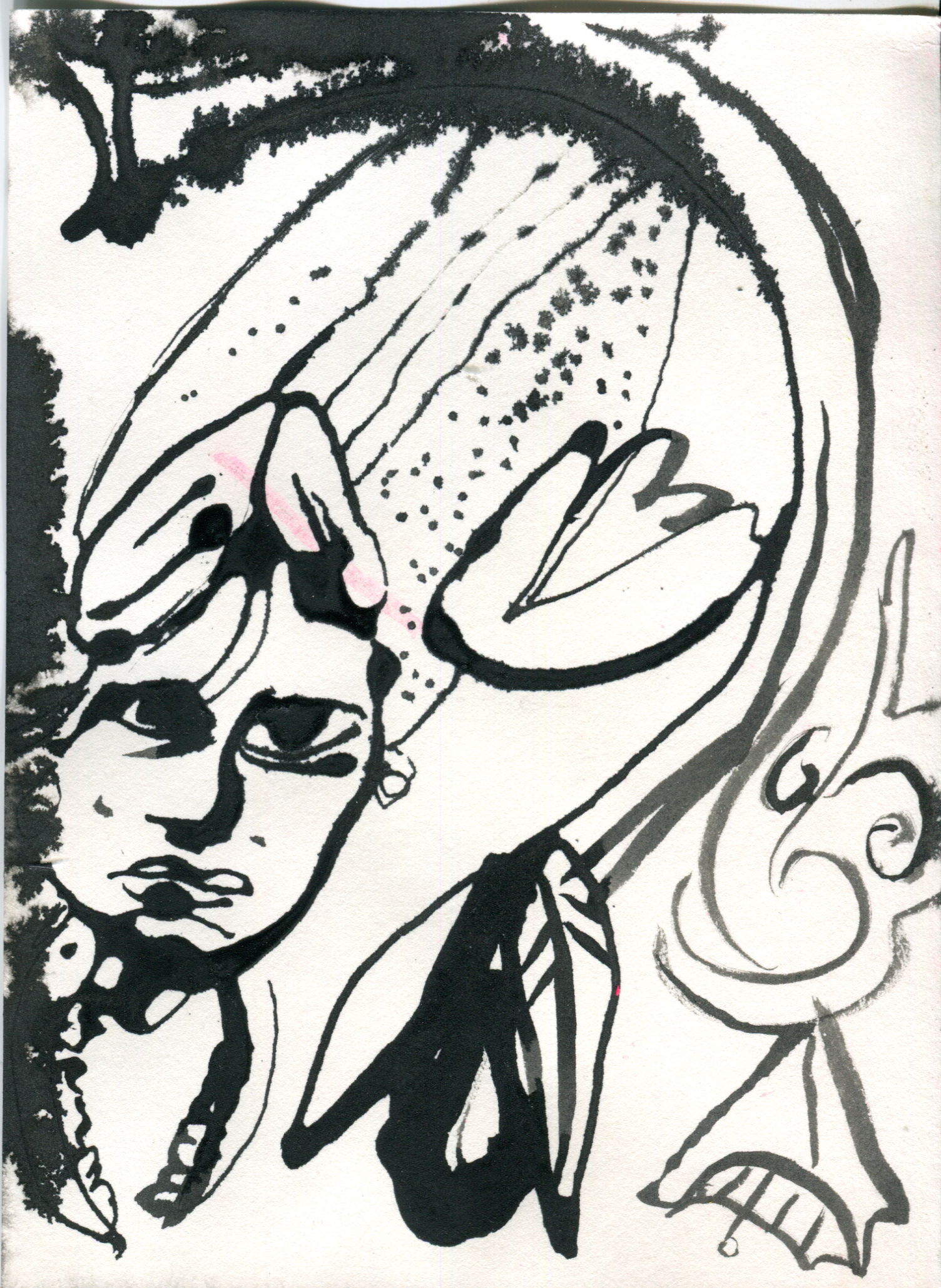 Girl Mantis with Melancholy , India Ink, 6x9, 2024