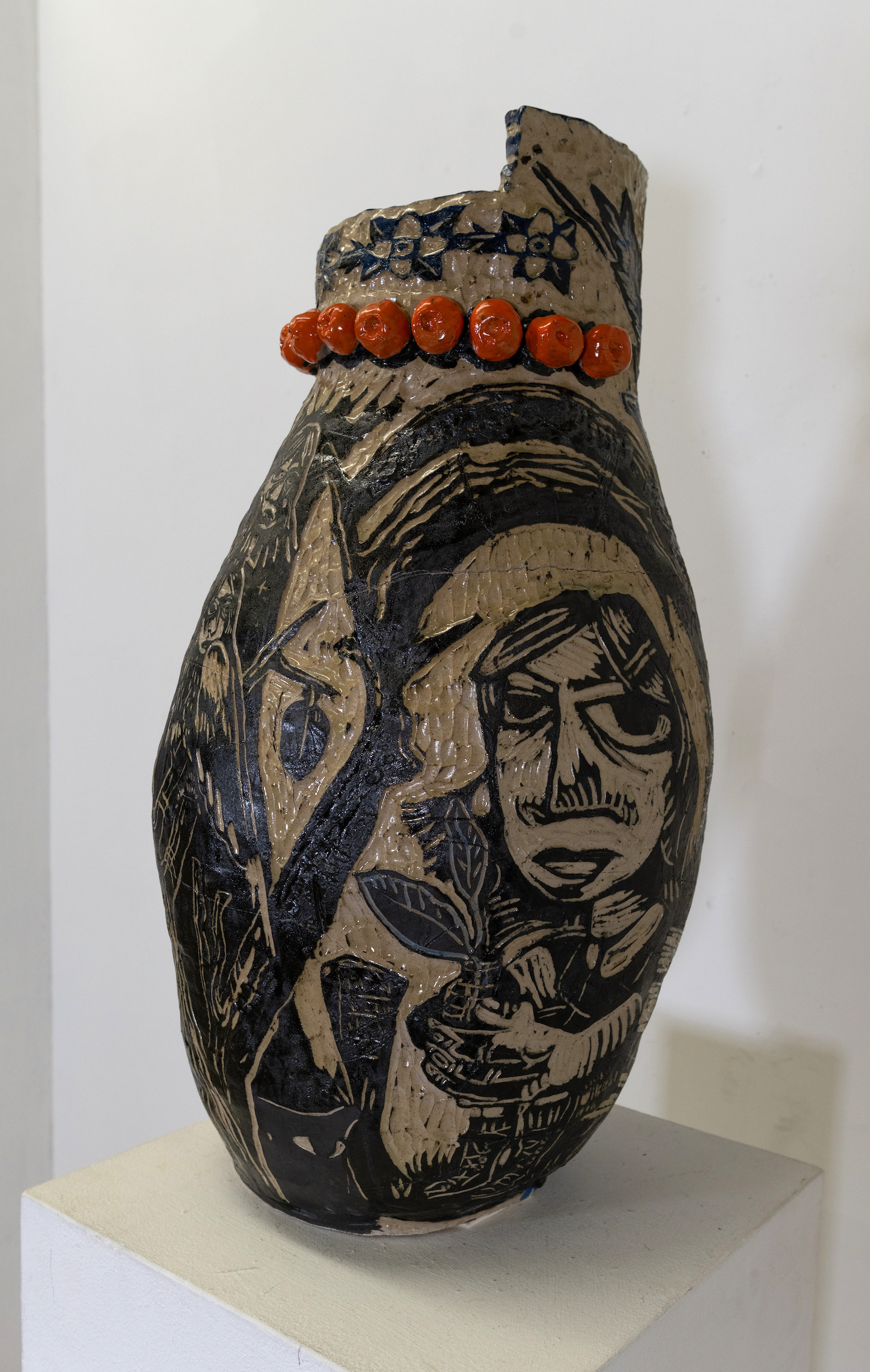 "Girls and Their Shaman Tanks", Printmaking Methods on High-Fire Clay Vase, 2022