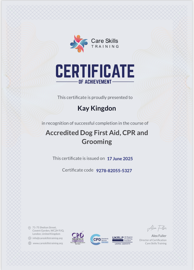 Certificate for Accredited Dog First Aid, CPR and Grooming. 