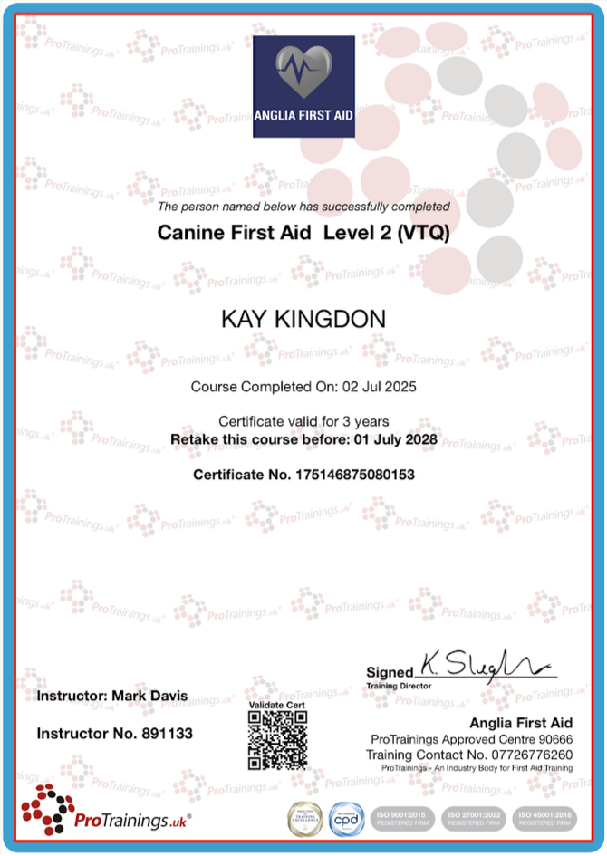 Certificate for Canine First Aid Level 2 (VTQ). 