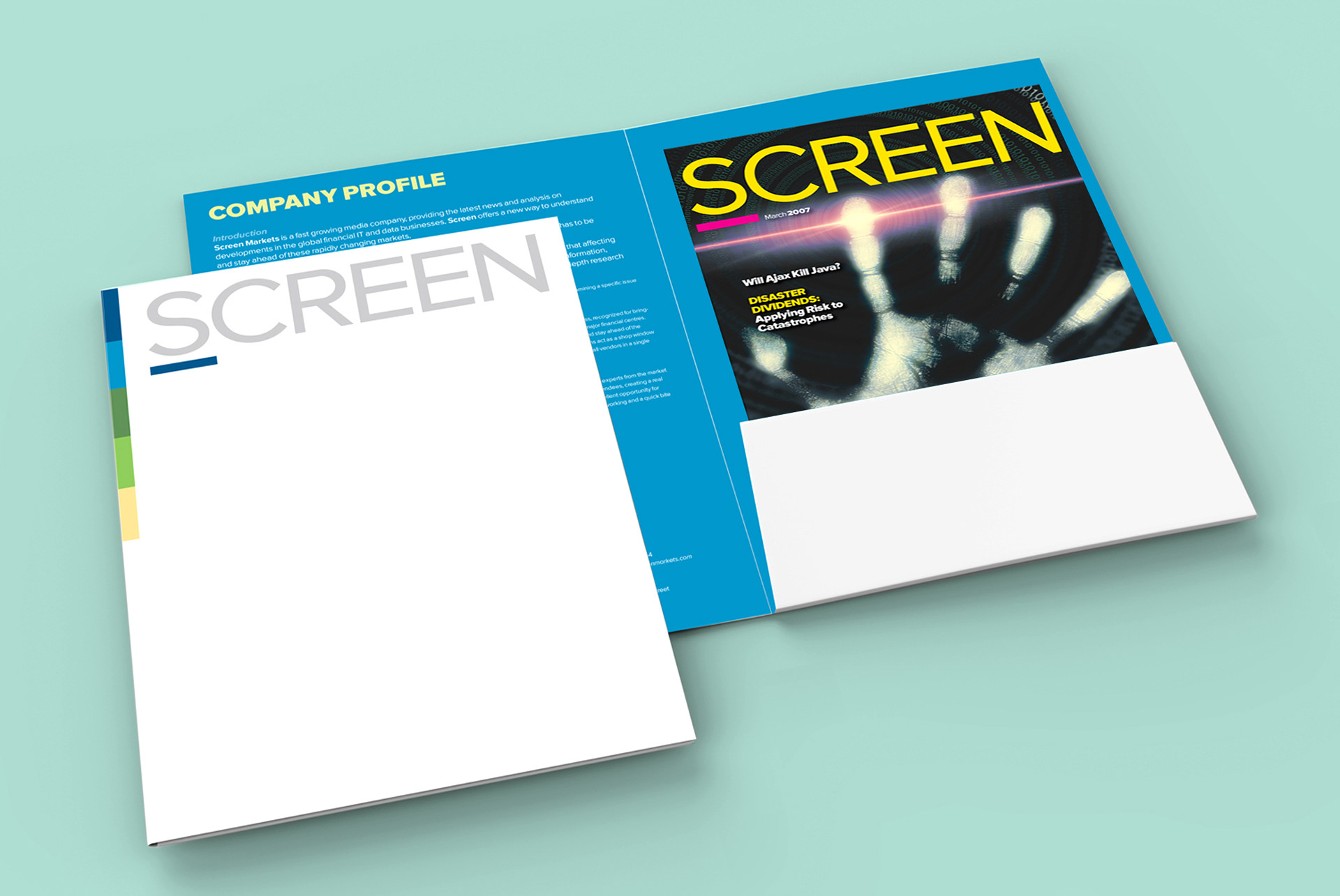 sales media kit for screen markets with inside pocket to hold magazine issue