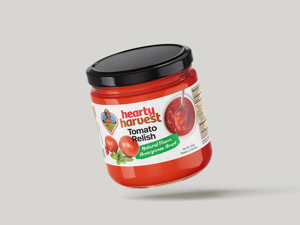 hearty harvest tomato relish label on jar for concept show