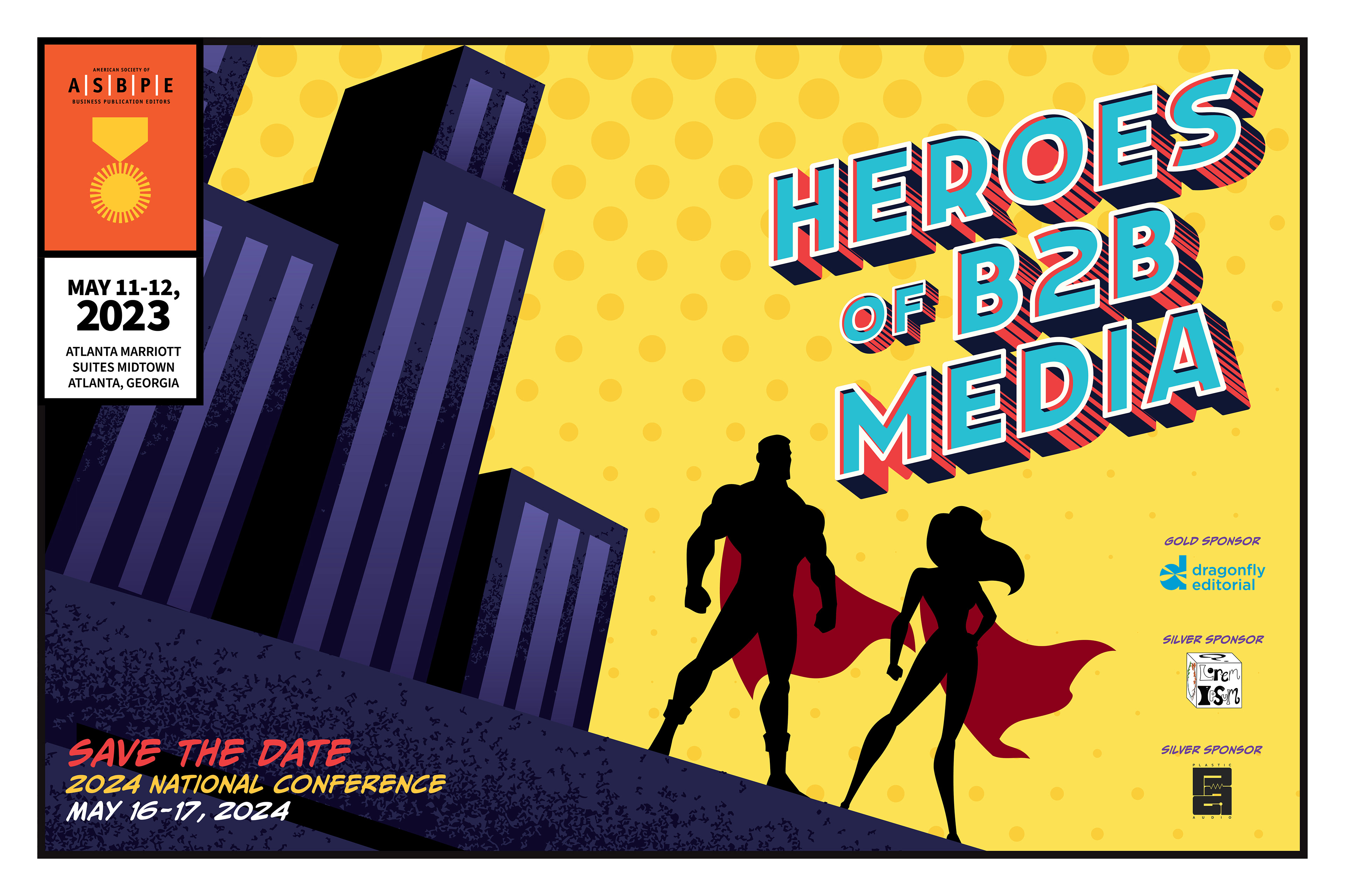male female superhero against a comic book inspired background poster for ASBPE 2023 conference