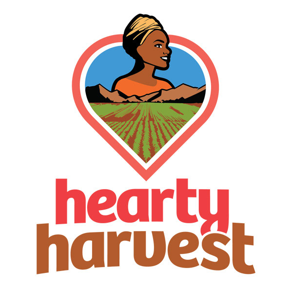 hearty harvest logo with symbol of Zambian woman above mountains and food fields
