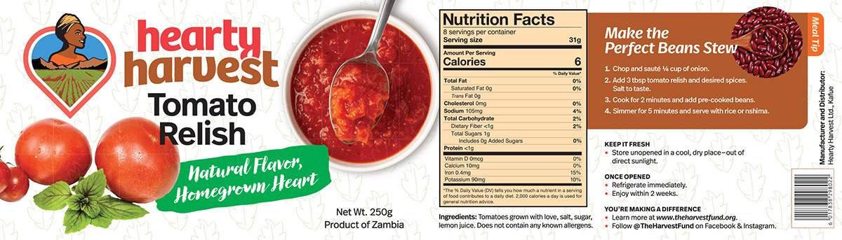 hearty harvest tomato relish jar label with fresh tomato with spoon of tomato relish logo and beans stew