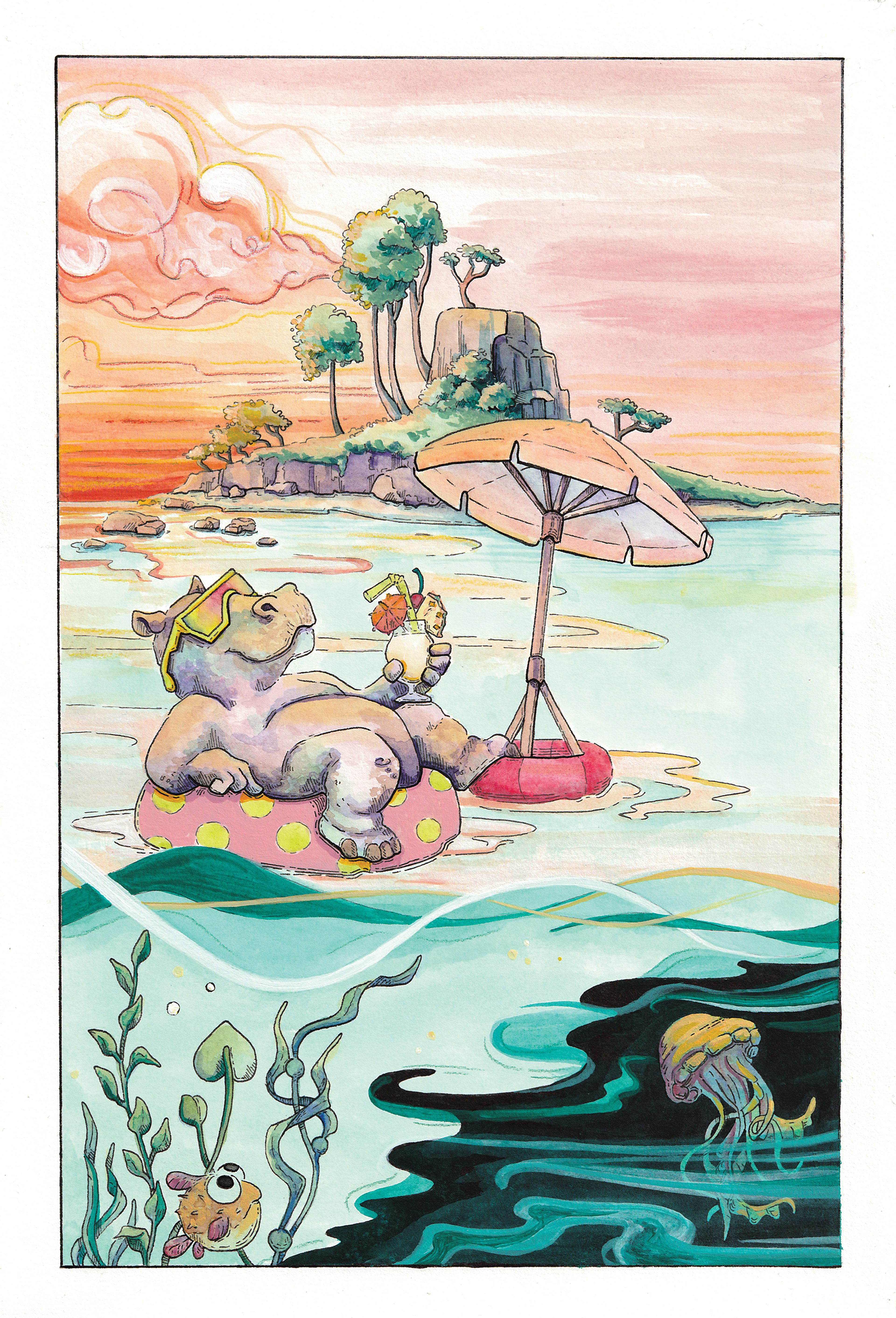 Hippo Pina Colada - Watercolour illustration