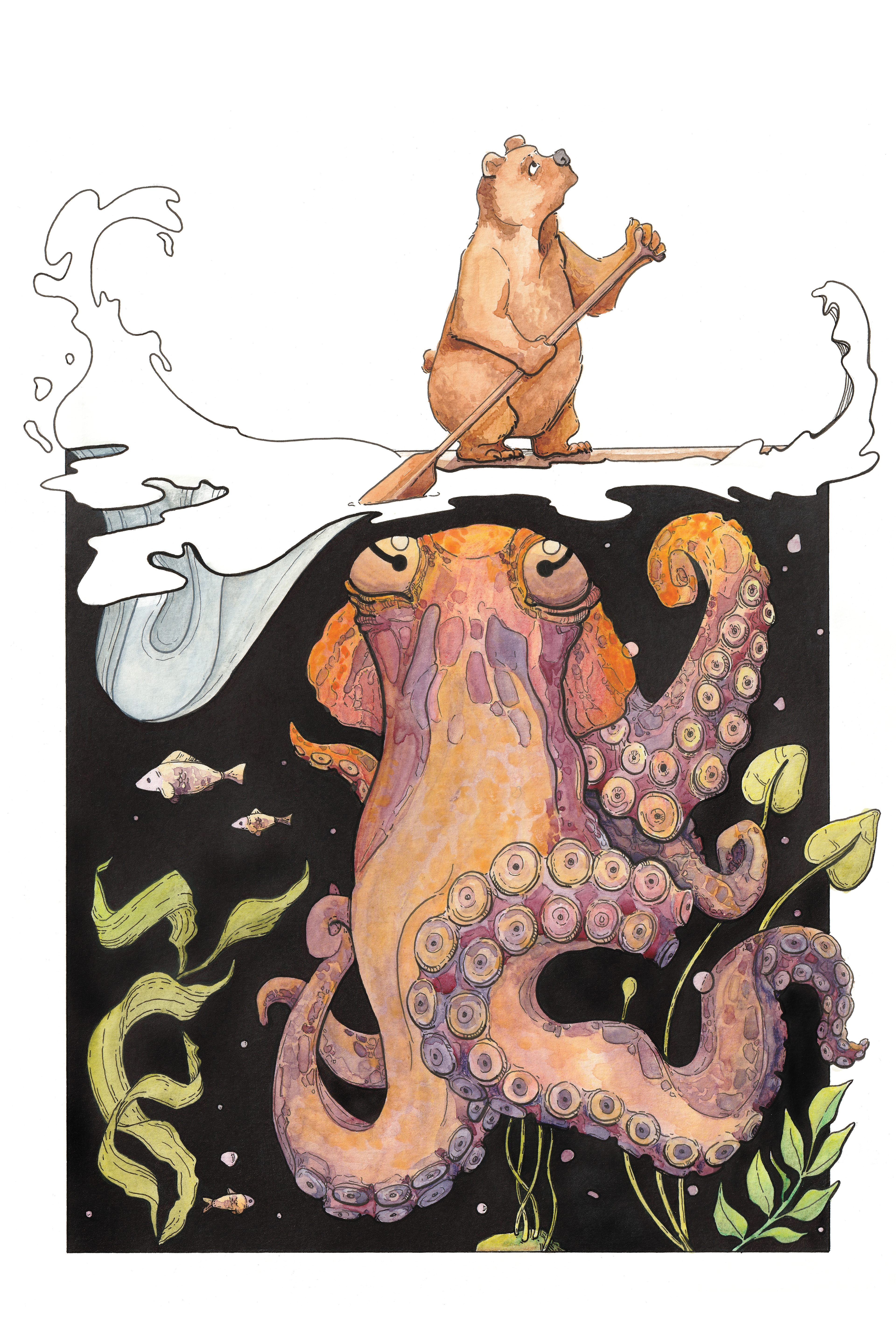 Bear and Octopus - Watercolour illustration