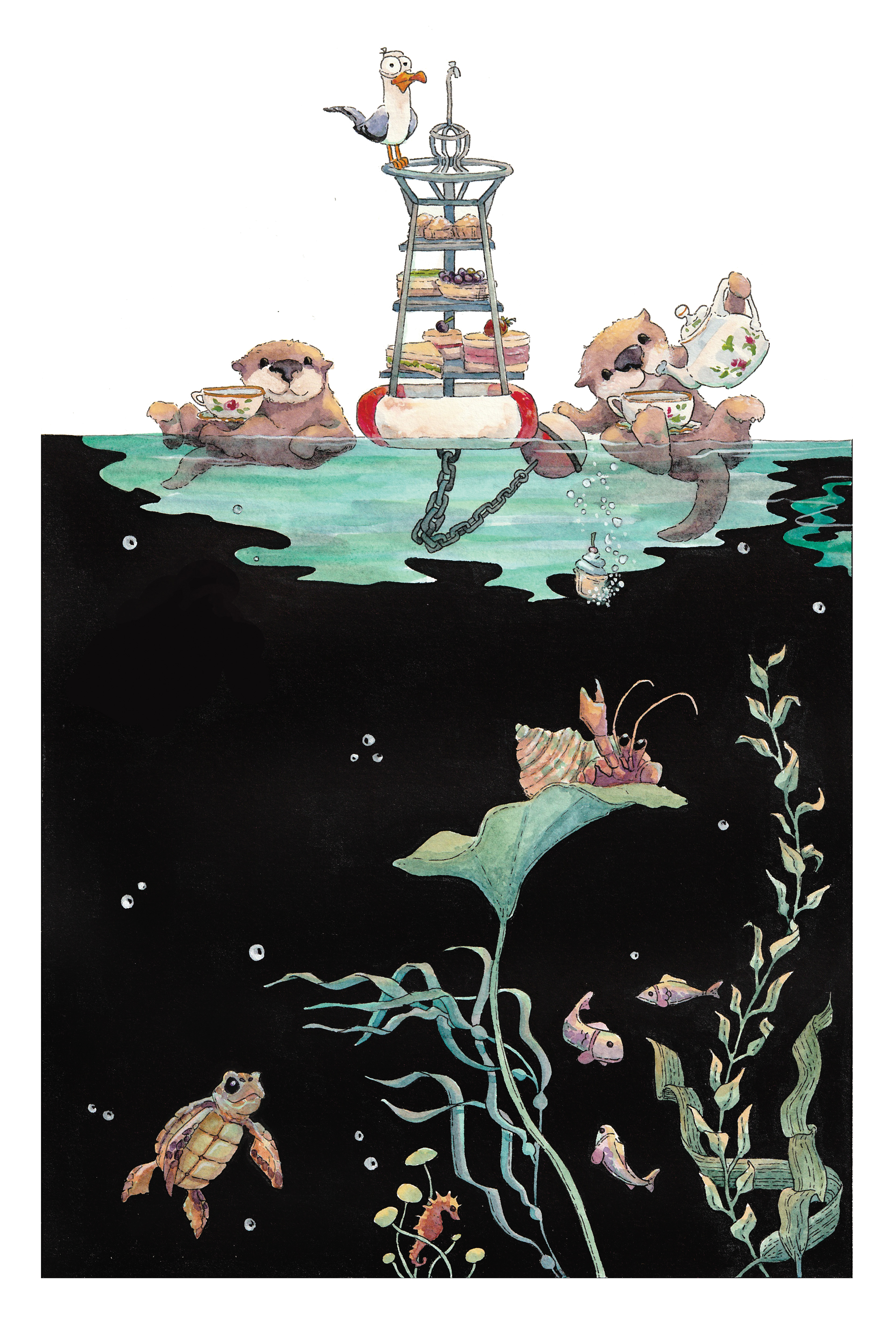 Otter Tea Party - Watercolour Illustration