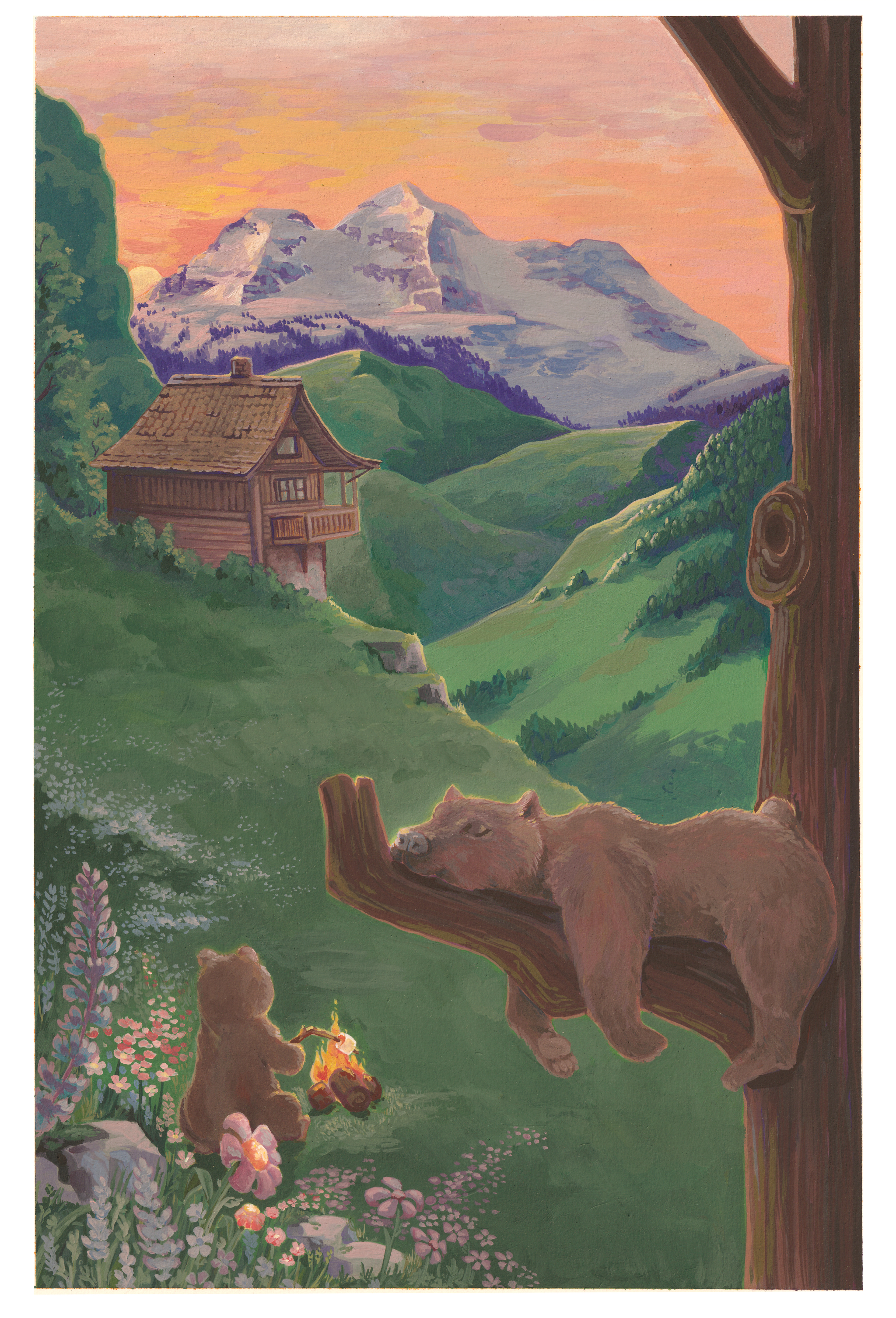 Mount Begbie and Bears - Gouache Illustration