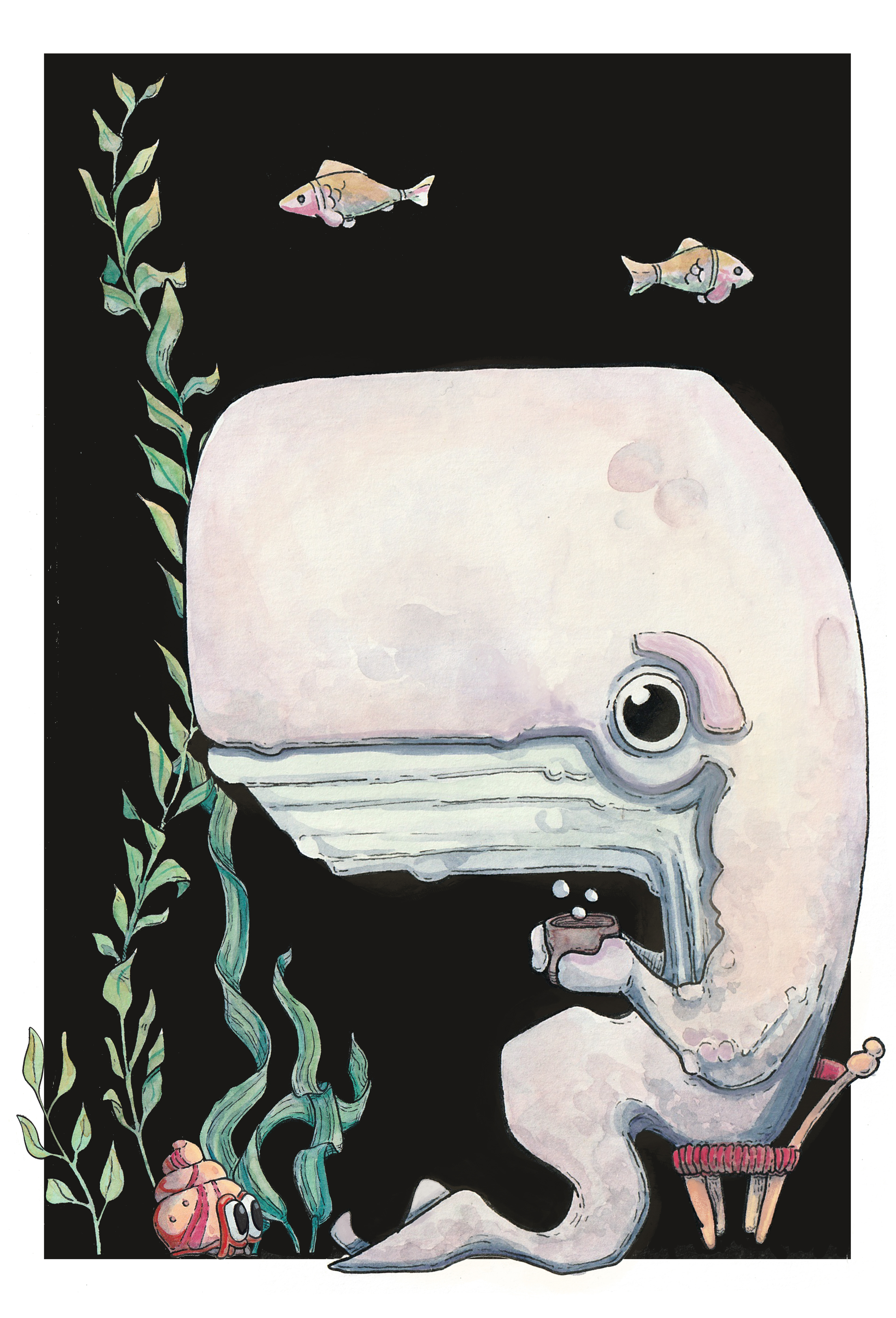Whale with hot beverage - Watercolour Illustration