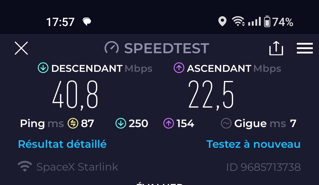 Débit relevé sur smartphone éloigné d'une dizaine de mètres du routeur Wifi Unifi connecté au réseau Ethernet branché sur Starlink