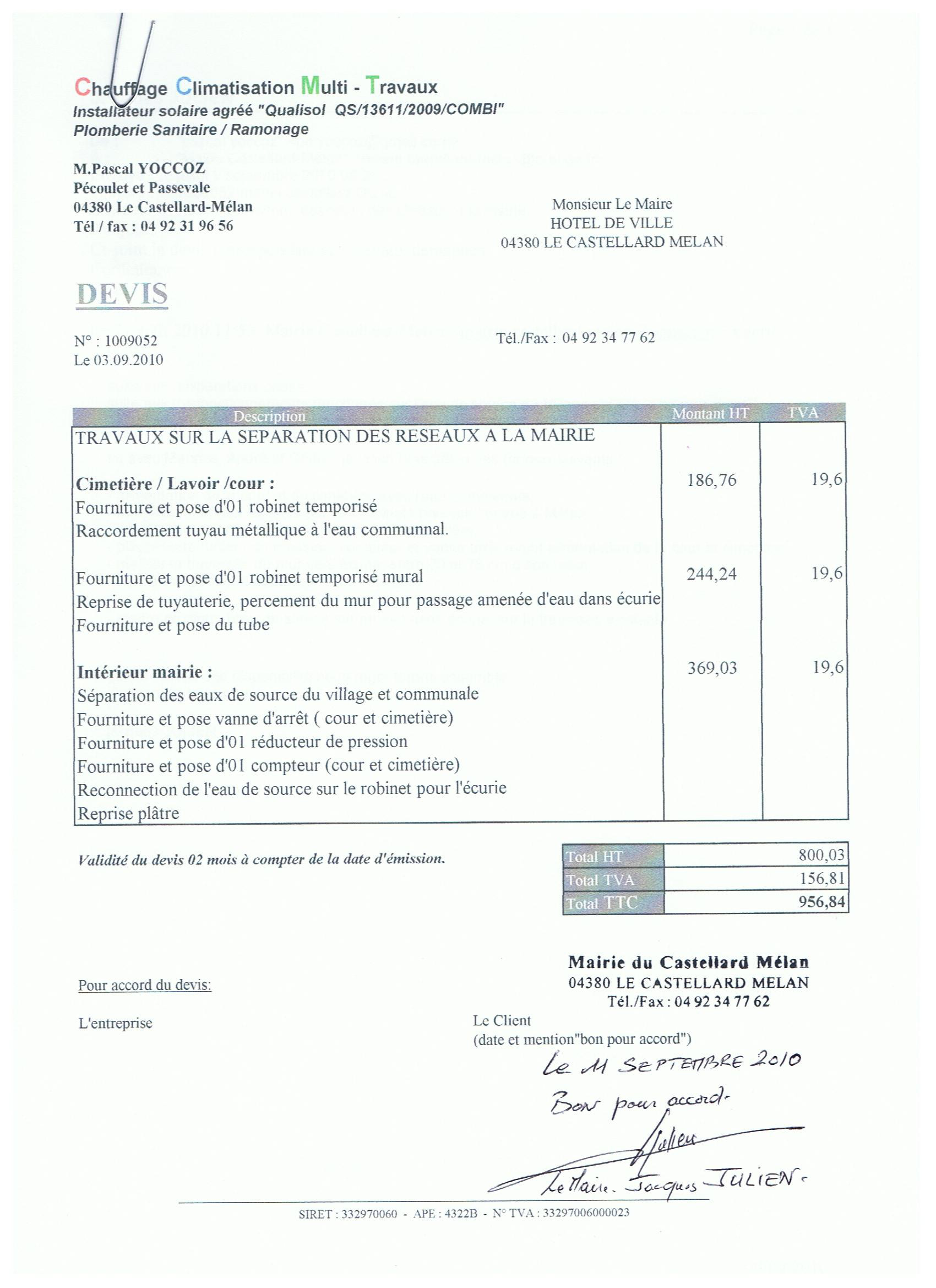 Devis de séparation des réseaux Eau publique et eau privée dans le local de la Mairie; réalisé en 2010