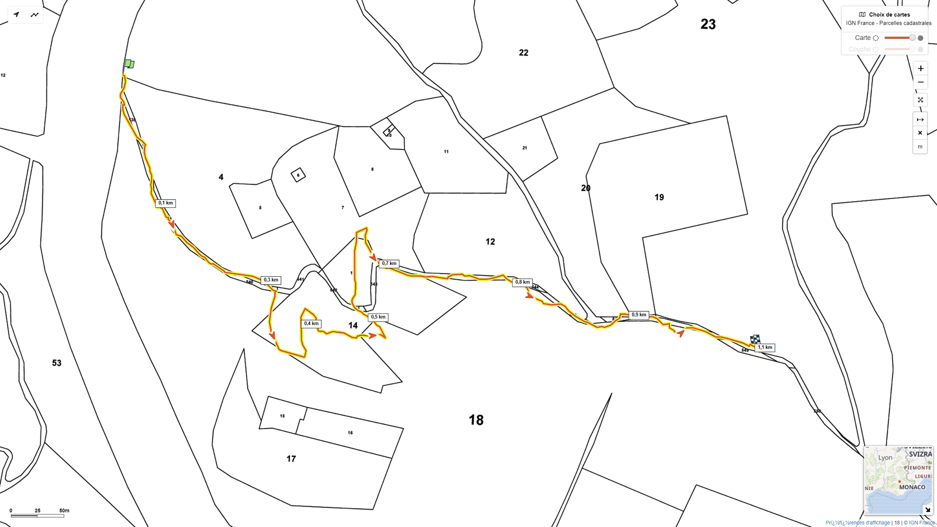 Relevé Sity Trail sur le plan cadastral et conforme à la régularisation notariale de 2019. Le tracé ancien inutilisé subsiste sur le plan.