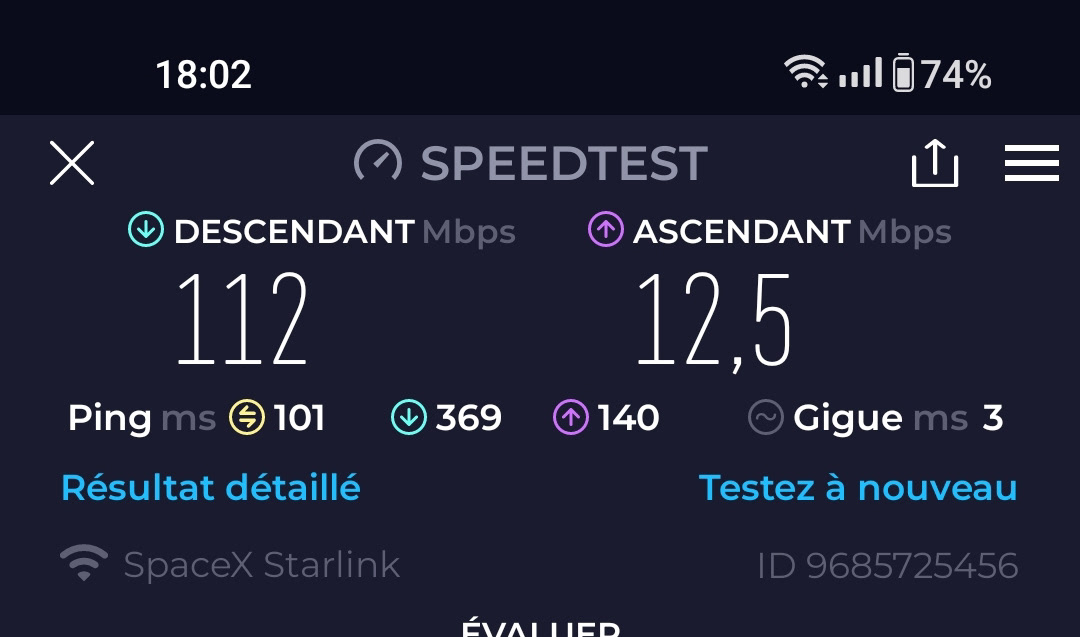 Débit relevé sur smartphone à proximité du routeur Wifi Unifi connecté au réseau Ethernet branché sur Starlink