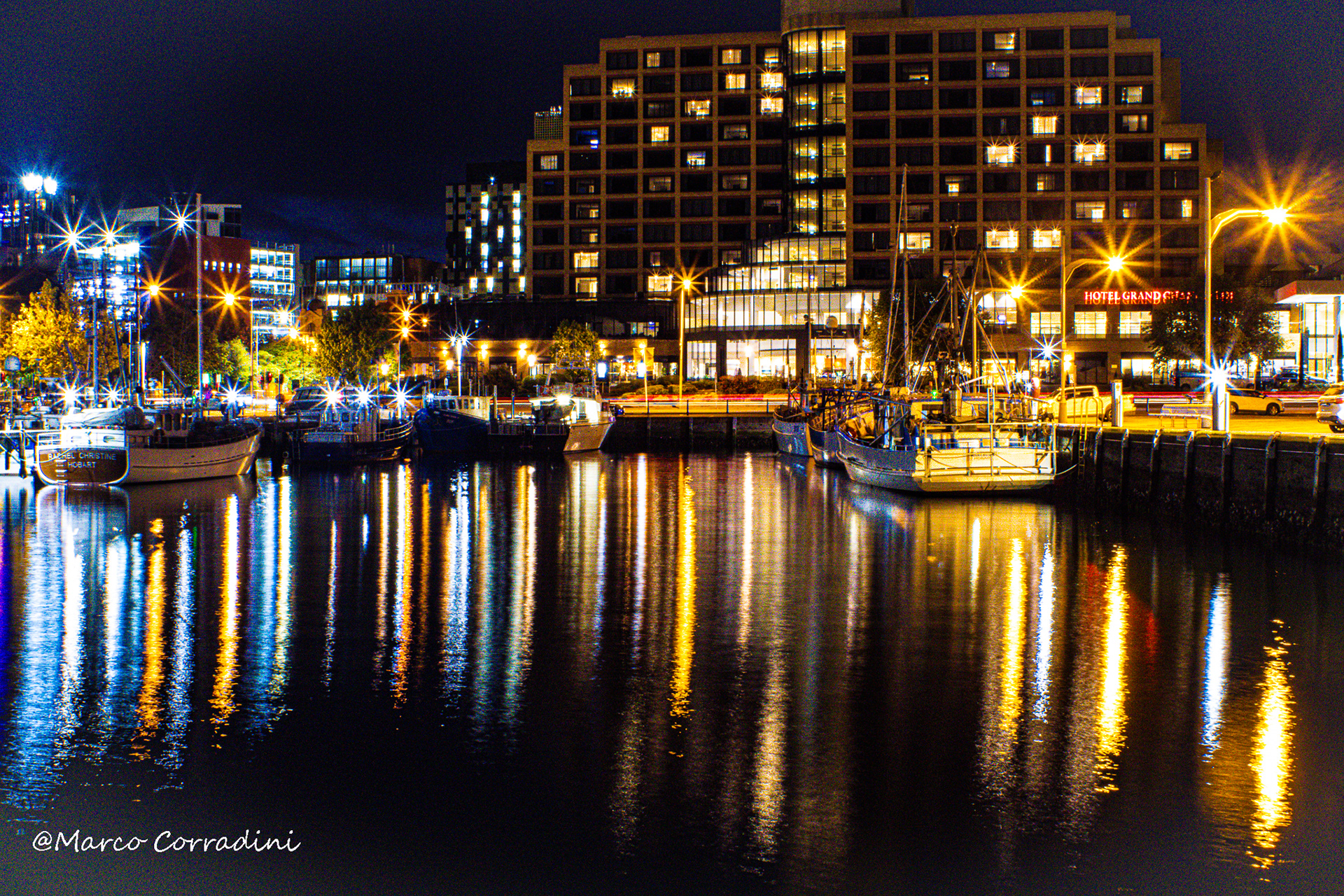 Hobart at night, marina, Gran chanchellor hotel, Australia, Tasmania