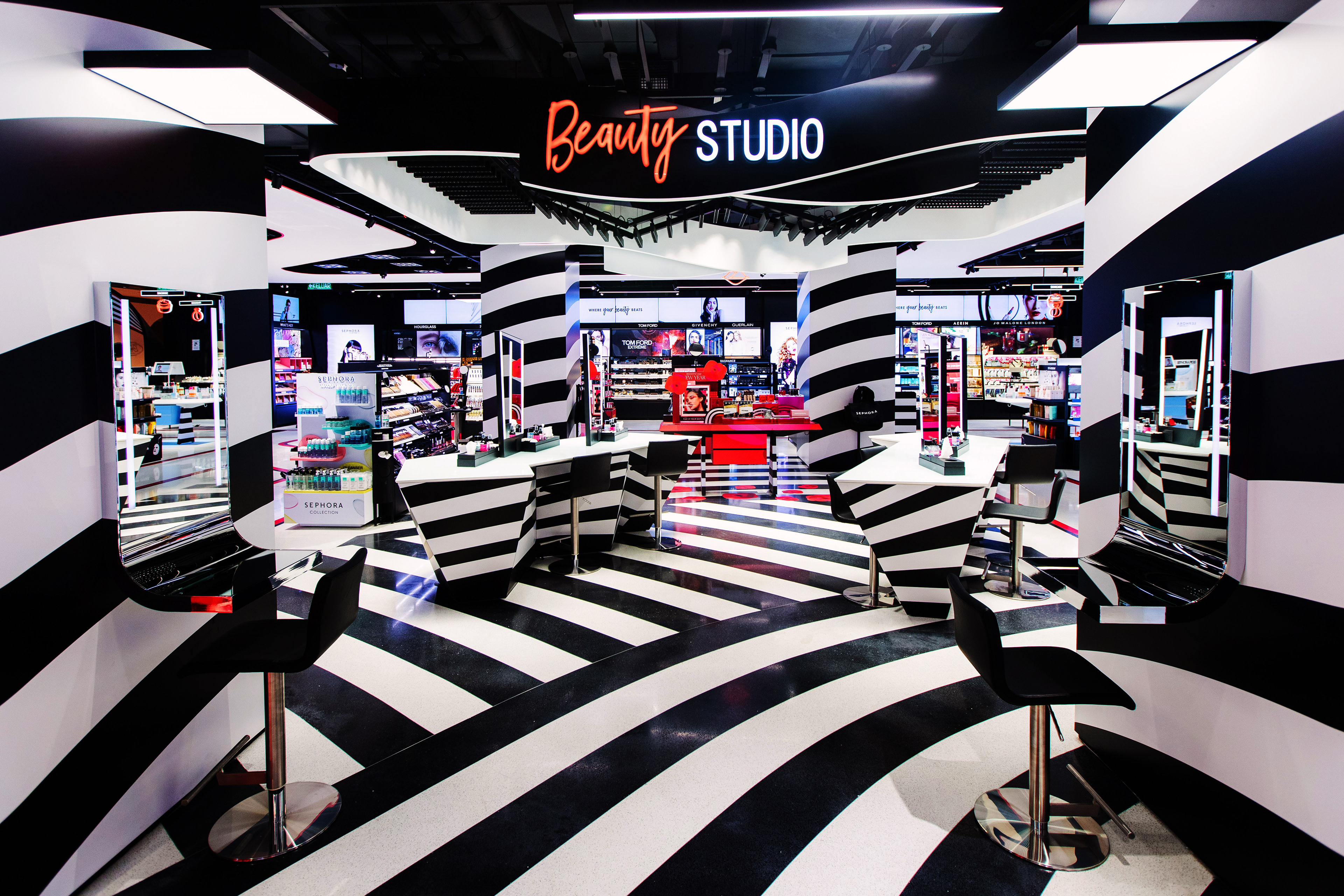 Intricate Black and White interior of SEPHORA Beauty Studio