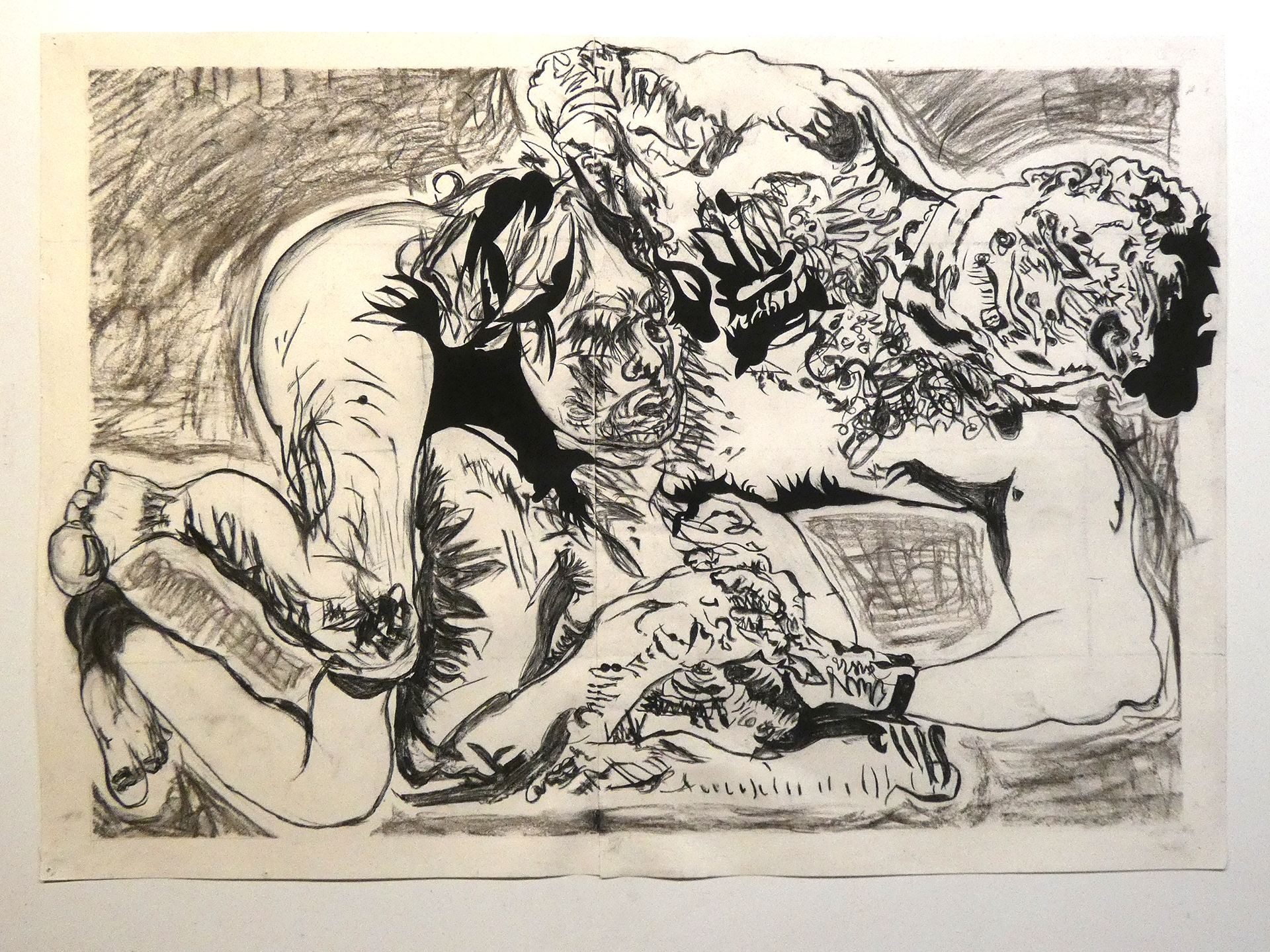 OKAY DAYDREAMS BAKULA IN BED / charcoal, manipulated paper / 34 x 24 inches / 86 x 61 centimeters