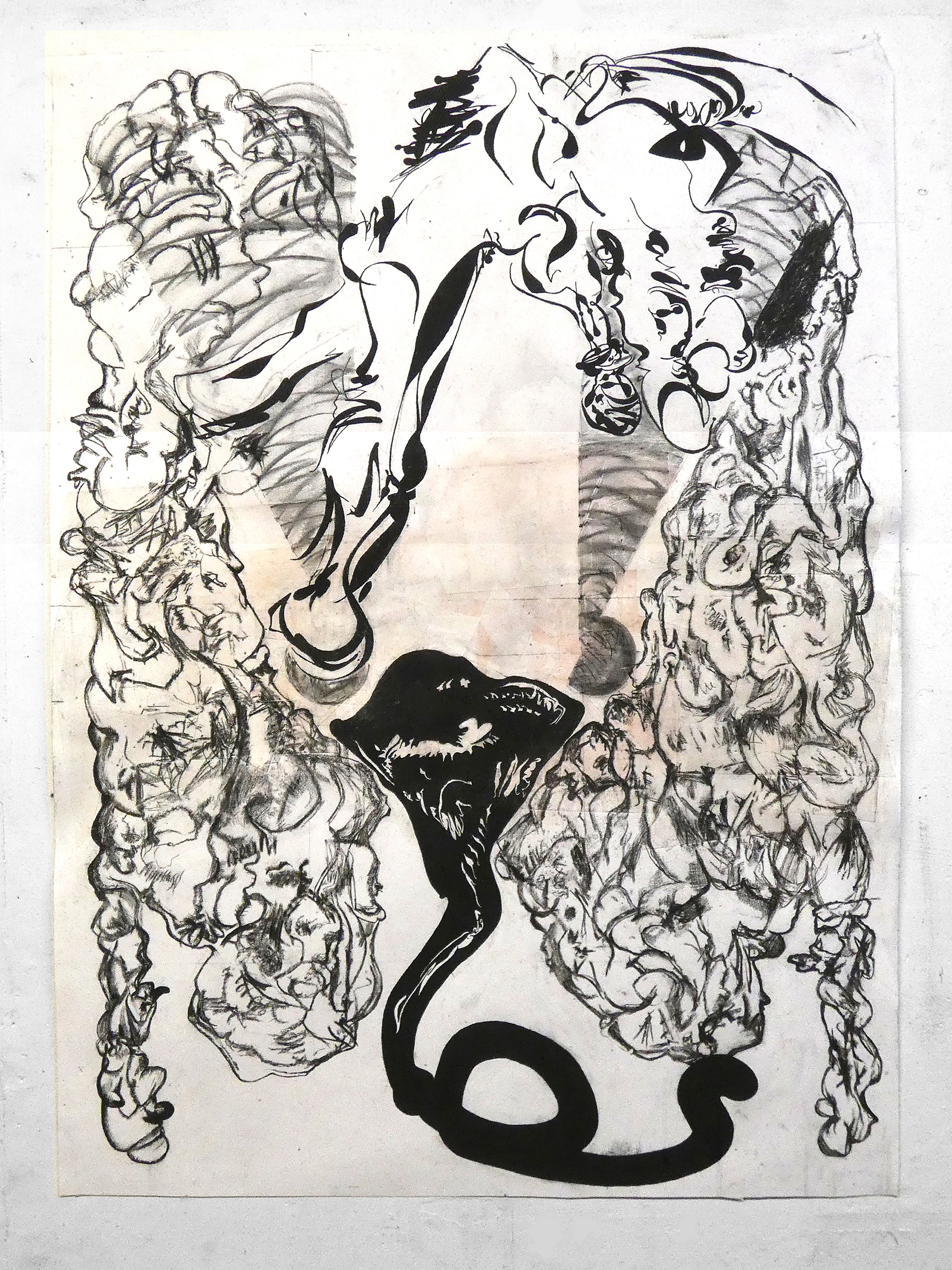 VENTURE 22 FOR FEEDBACK REARING 2022 / charcoal,manipulated paper/ 36 x 24 inches / 91 x 61 centimeters