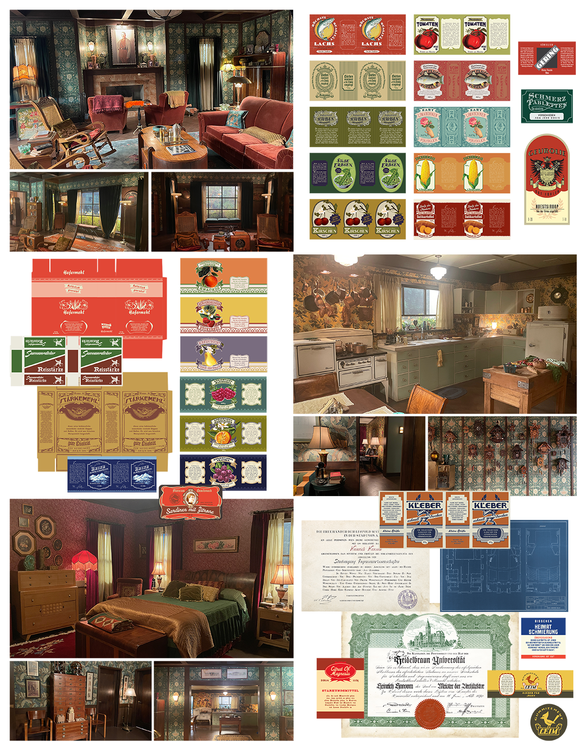 RUTH HIEDELBAUM"S POST WWII PERIOD GERMAN HOUSE INTERIOR GRAPHICS - COMMERCIAL FOOD LABELS, DIPLOMAS, BLUEPRINTS & ARCHIECTURAL DRAWINGS