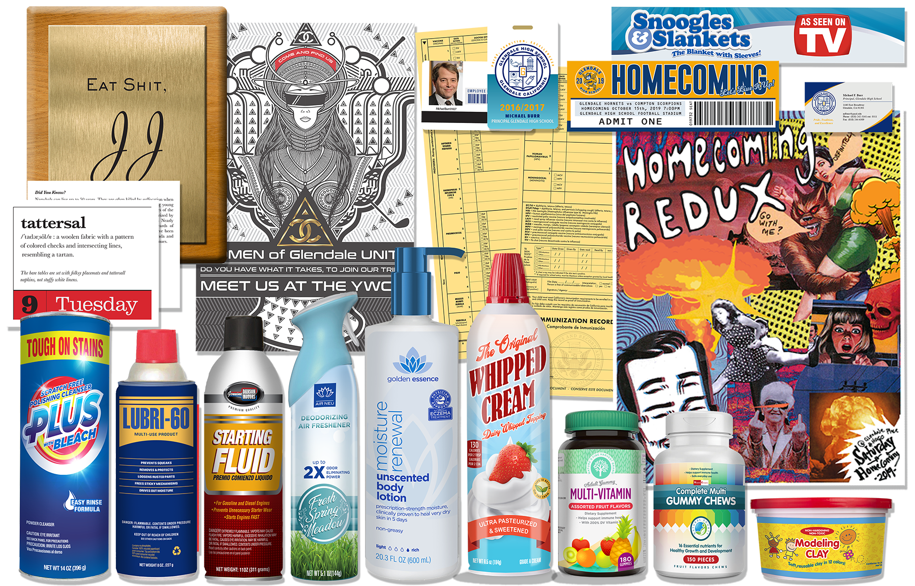A SELECTION OF CUSTOM DESIGNED HERO PROPS: PRODUCTS, PACKAGING, AND FICTITIOUS BRANDING