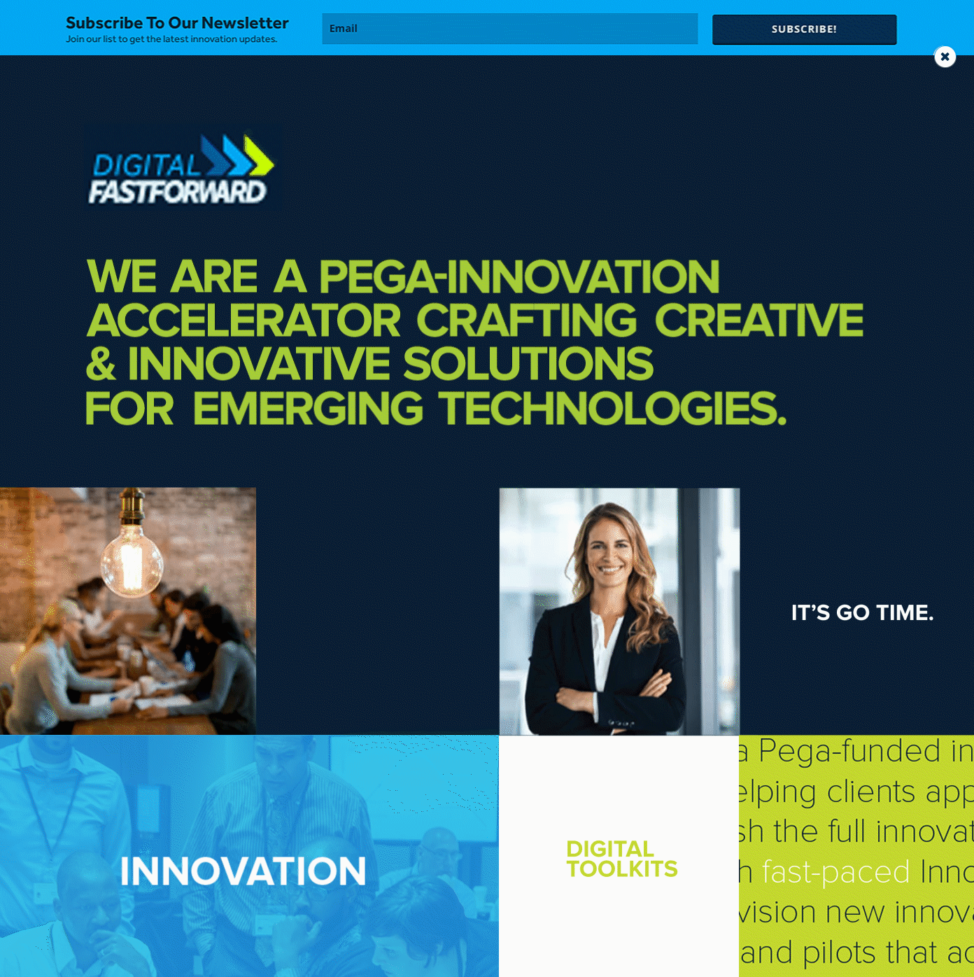 Final design. With information above the fold, and interactive, moving states, the design conveys energy but gets to the point.