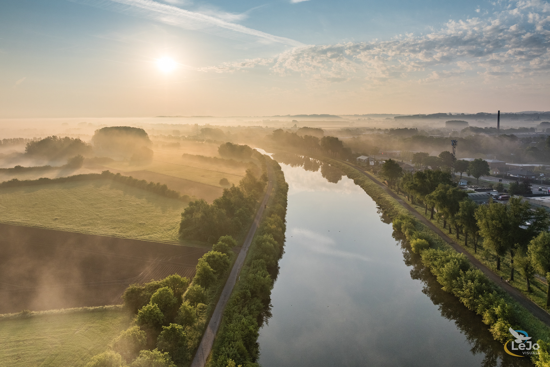 Mistige zonsopkomst boven Schelde - Avelgem/Kluisbergen