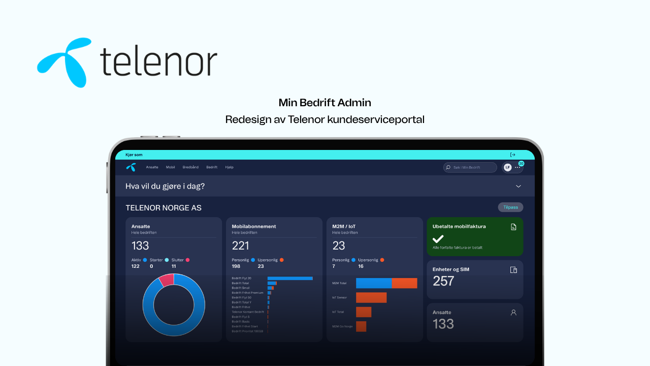 Forsidebilde. Illustrasjonen viser et redesign for Telenors kundeserviceportal «Min Bedrift Admin». Bildet viser et dashboard med oversikt over abonnementer, ansatte, fakturaer og enheter, presentert på en nettbrettskjerm.
